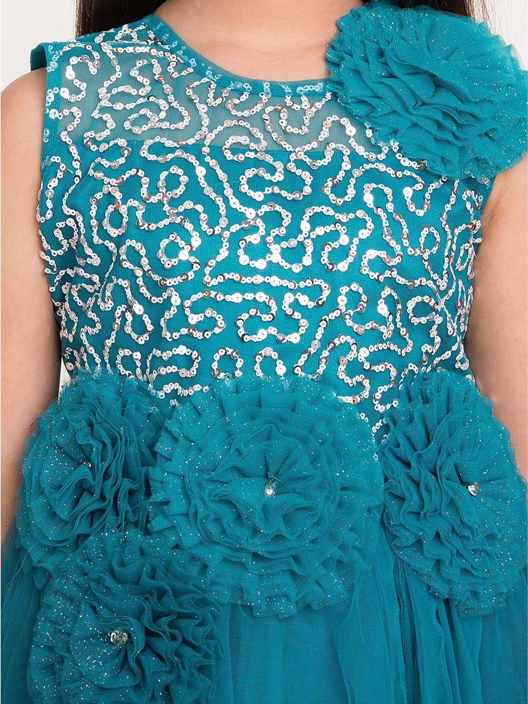 Peacock Blue Embellished Net Gown For Girls - Betty Ethnic India - Gown - Betty Girls Wear Online