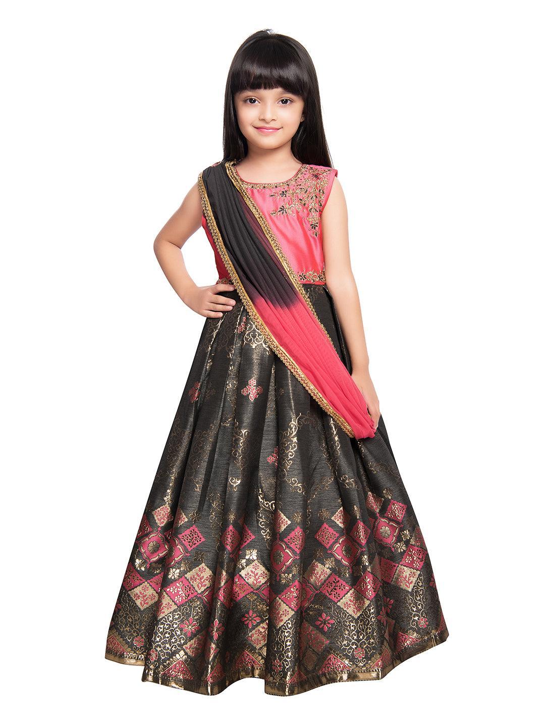 Pink & Gold Coloured Sleeveless Embellished Yoke Party Gown For Girls With Dupatta - Betty Ethnic India - Gown - Betty Girls Wear Online