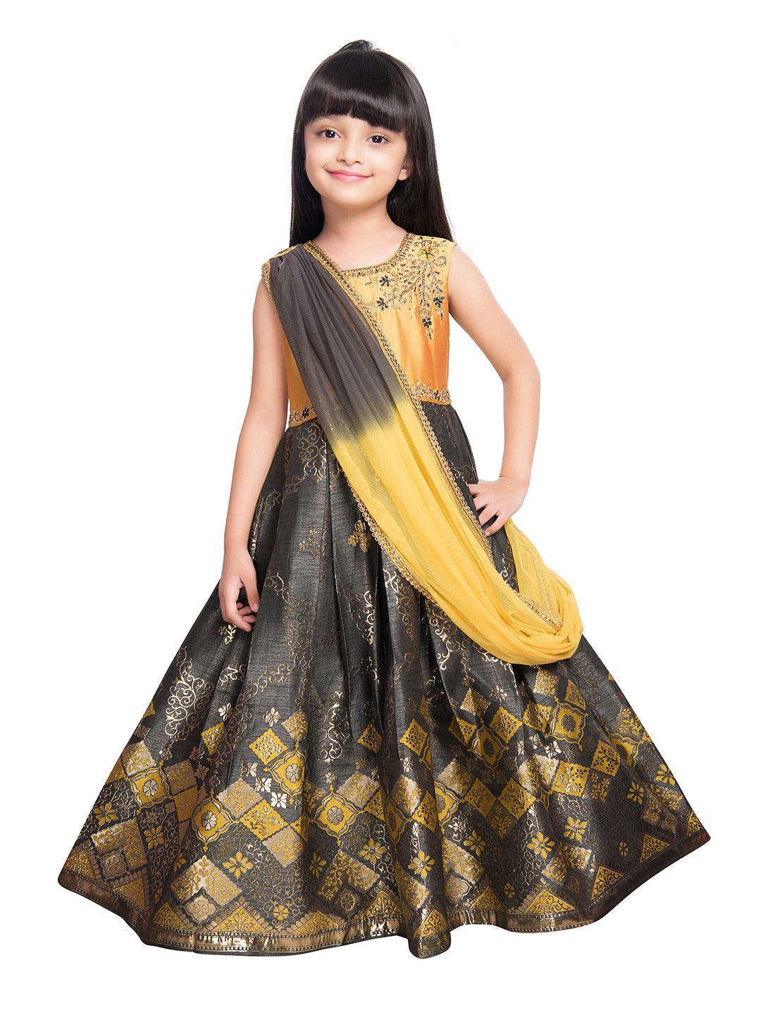 Pink & Gold Coloured Sleeveless Embellished Yoke Party Gown For Girls With Dupatta - Betty Ethnic India - Gown - Betty Girls Wear Online