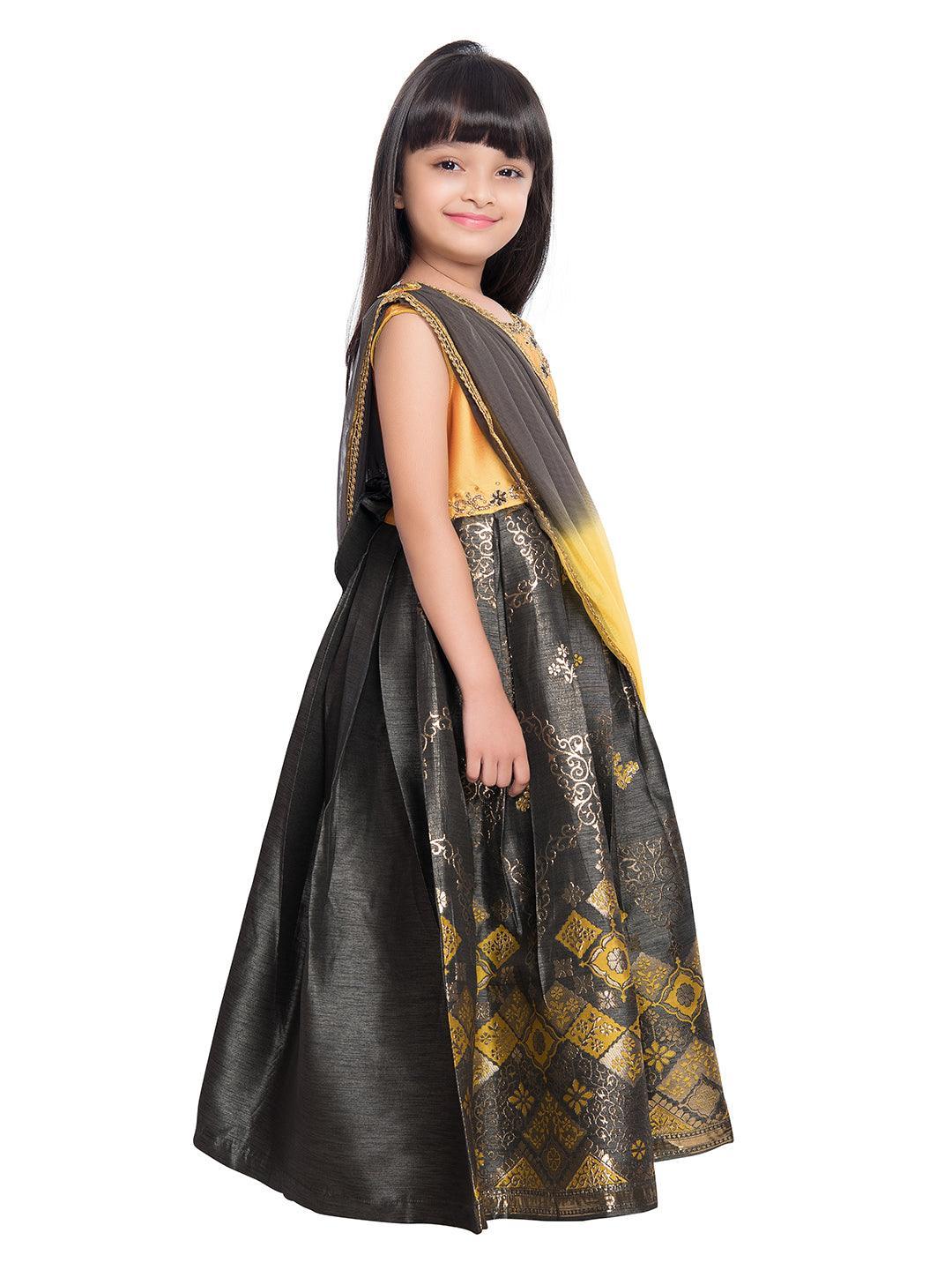 Pink & Gold Coloured Sleeveless Embellished Yoke Party Gown For Girls With Dupatta - Betty Ethnic India - Gown - Betty Girls Wear Online