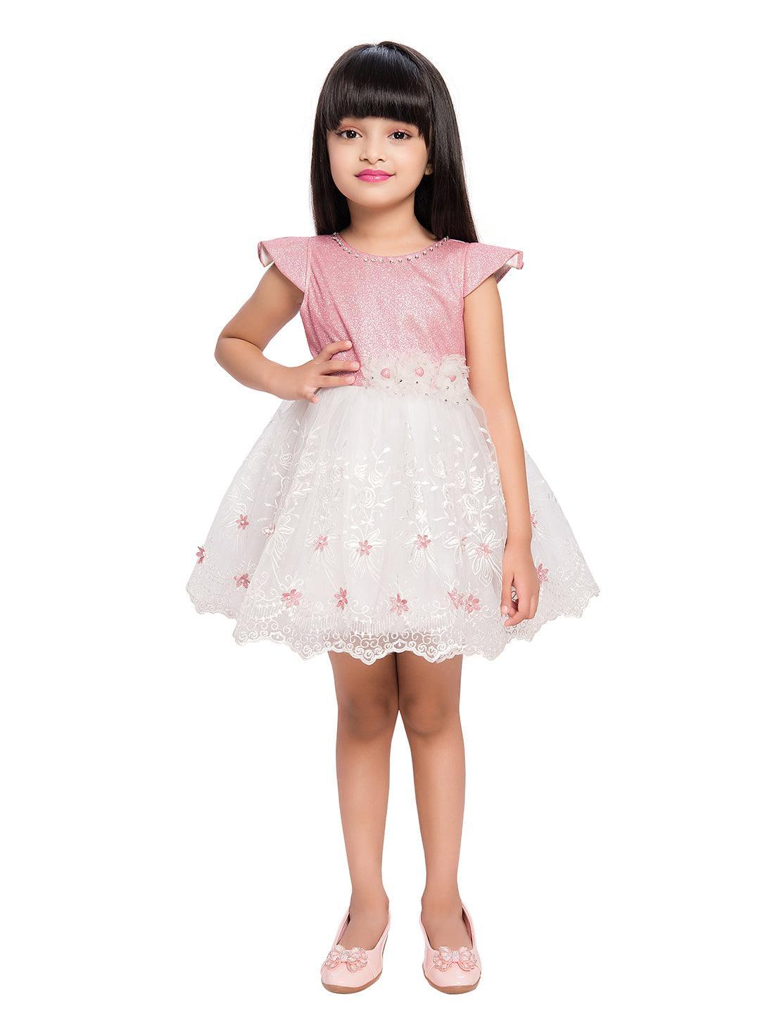 Pink & White Imported Net Simple Design Party Wear Frock For Girls - Betty Ethnic India - Frock - Betty Girls Wear Online