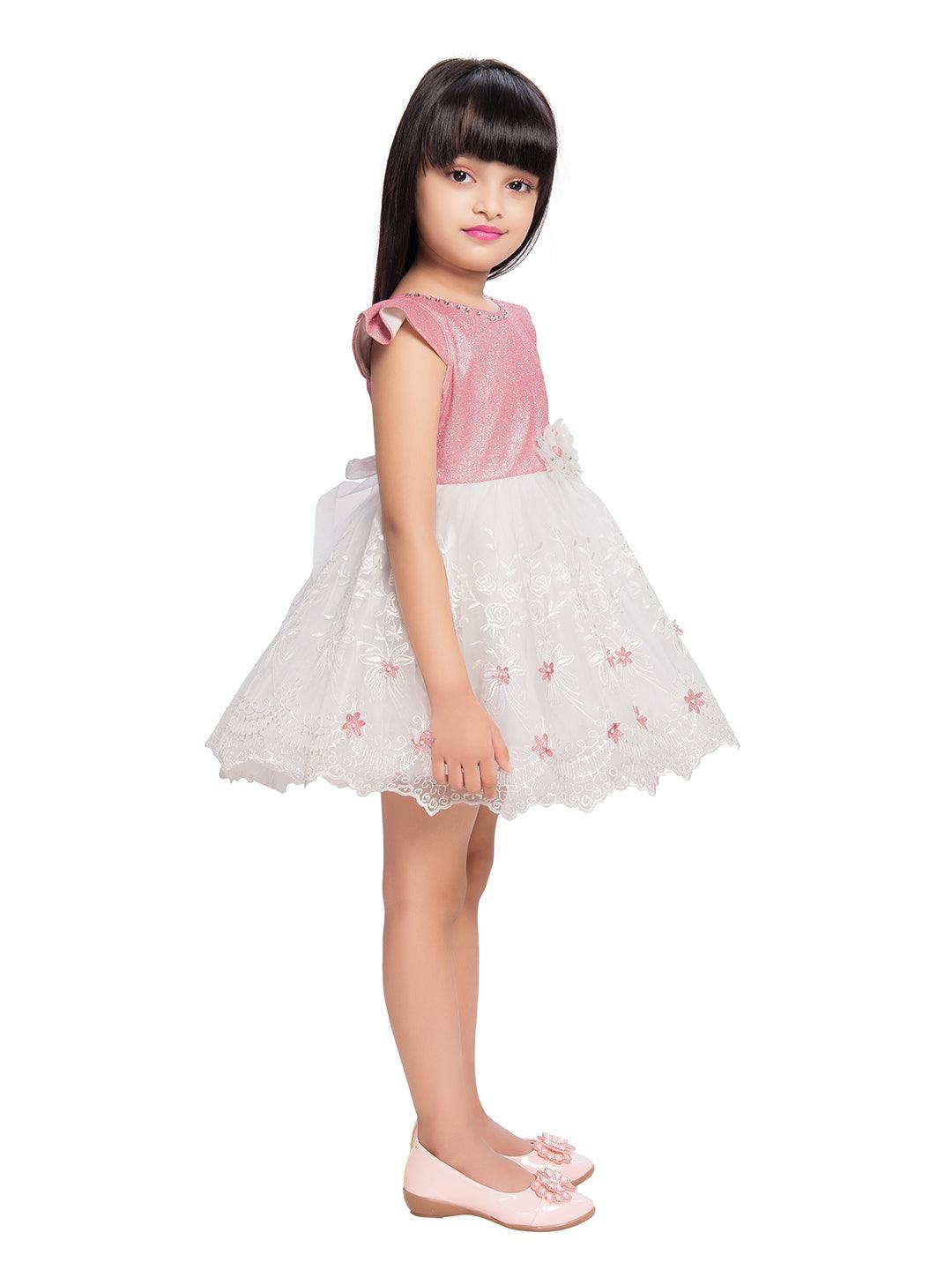 Pink & White Imported Net Simple Design Party Wear Frock For Girls - Betty Ethnic India - Frock - Betty Girls Wear Online