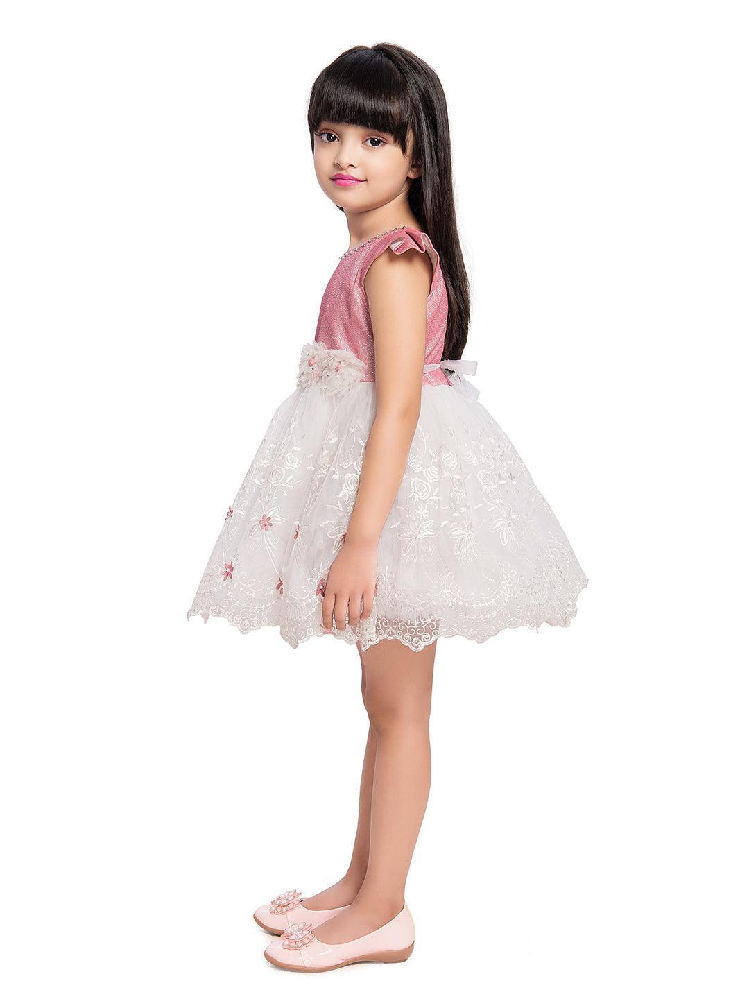 Pink & White Imported Net Simple Design Party Wear Frock For Girls - Betty Ethnic India - Frock - Betty Girls Wear Online