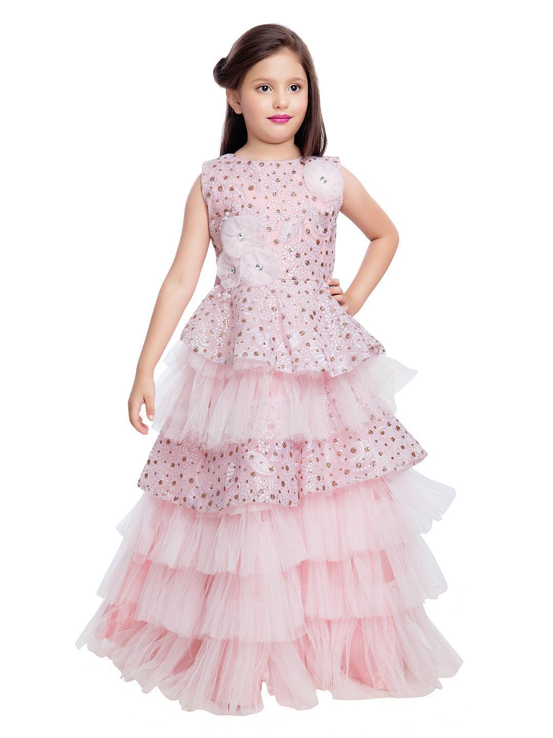 Pink Coloured Imported Fabric Layered Styled Gown For Girls - Betty Ethnic India - Gown - Betty Girls Wear Online