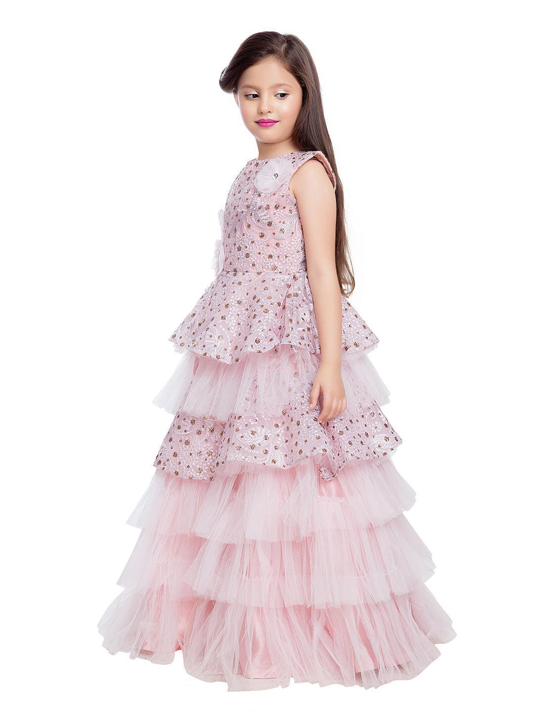 Pink Coloured Imported Fabric Layered Styled Gown For Girls - Betty Ethnic India - Gown - Betty Girls Wear Online