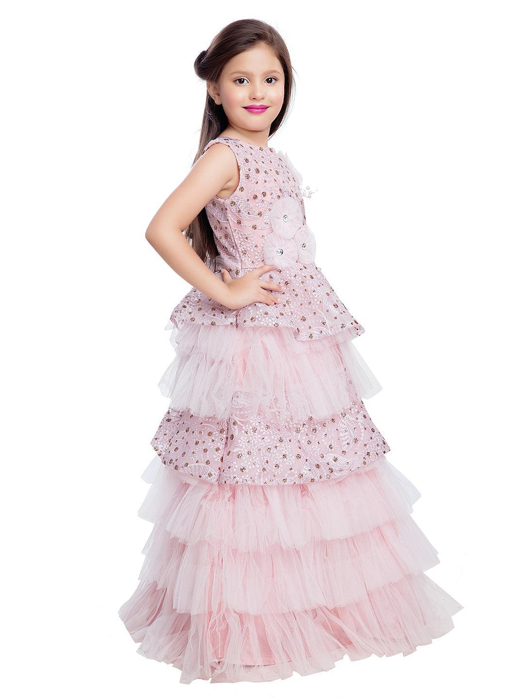 Pink Coloured Imported Fabric Layered Styled Gown For Girls - Betty Ethnic India - Gown - Betty Girls Wear Online