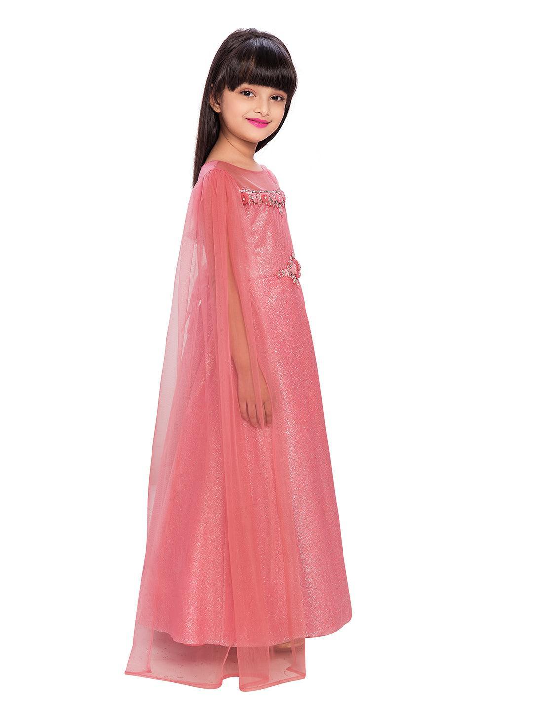 Pink Floral Two Sided Sleeve Design Style Gown For Girls - Betty Ethnic India - Gown - Betty Girls Wear Online