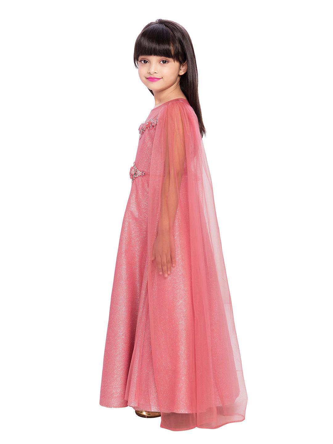 Pink Floral Two Sided Sleeve Design Style Gown For Girls - Betty Ethnic India - Gown - Betty Girls Wear Online