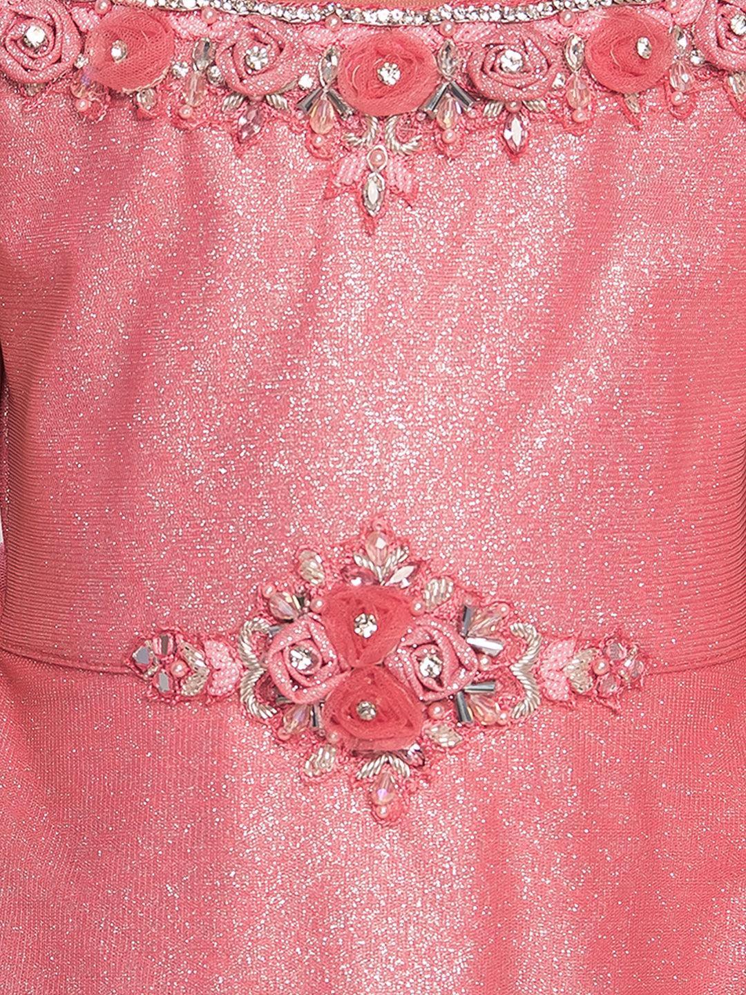 Pink Floral Two Sided Sleeve Design Style Gown For Girls - Betty Ethnic India - Gown - Betty Girls Wear Online