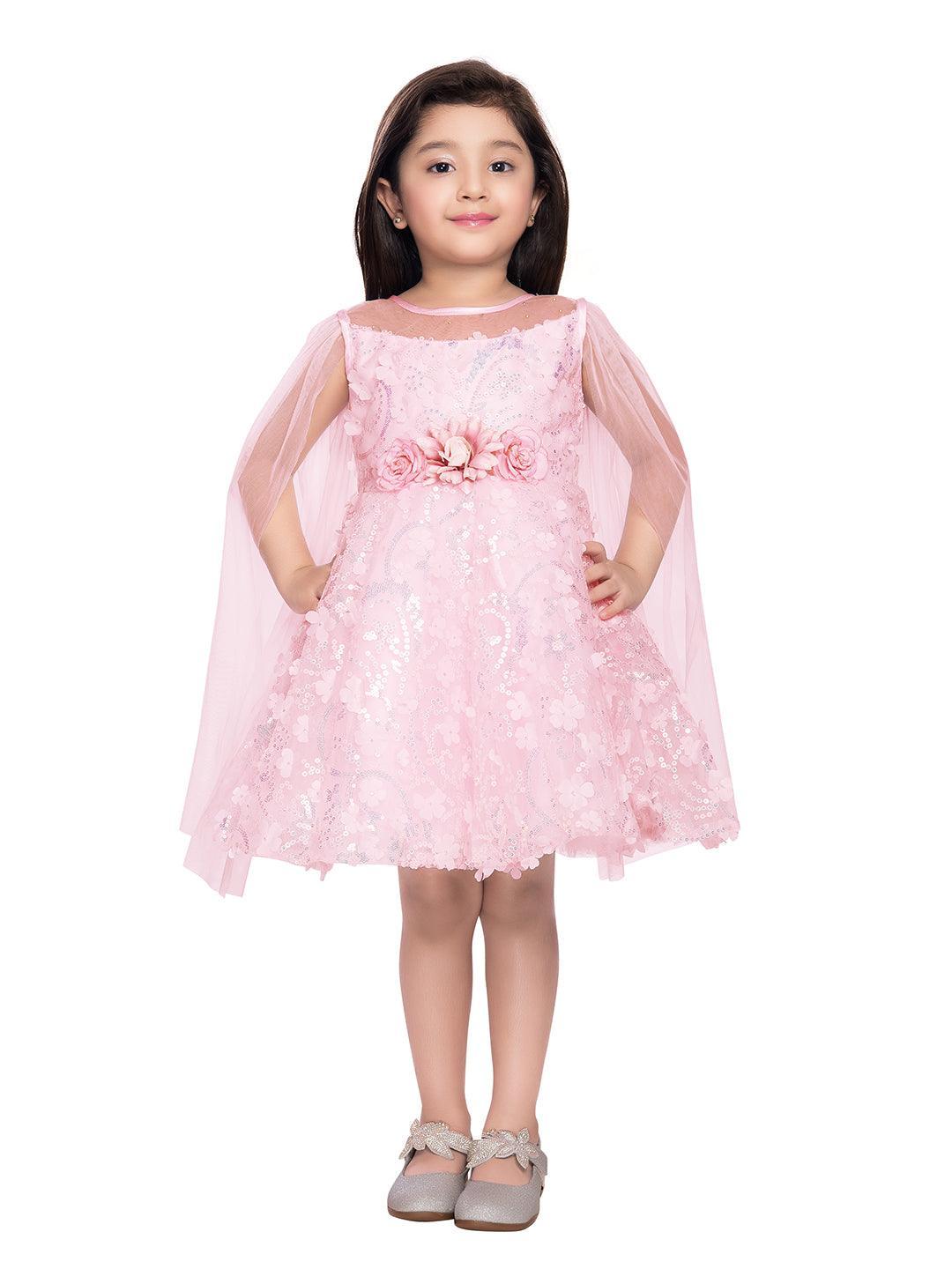 Pink Imported Net Double Sided Sleeve Pattern Party Wear Frock For Girls - Betty Ethnic India - Frock - Betty Girls Wear Online