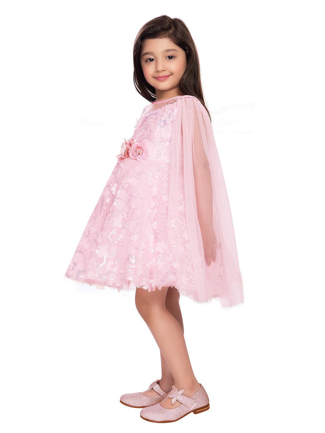 Pink Imported Net Double Sided Sleeve Pattern Party Wear Frock For Girls - Betty Ethnic India - Frock - Betty Girls Wear Online