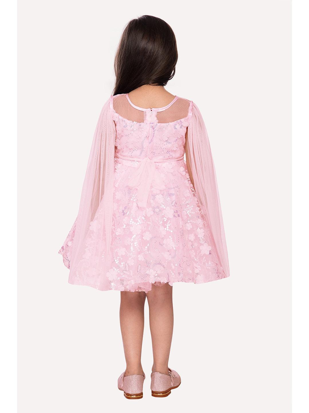 Pink Imported Net Double Sided Sleeve Pattern Party Wear Frock For Girls - Betty Ethnic India - Frock - Betty Girls Wear Online