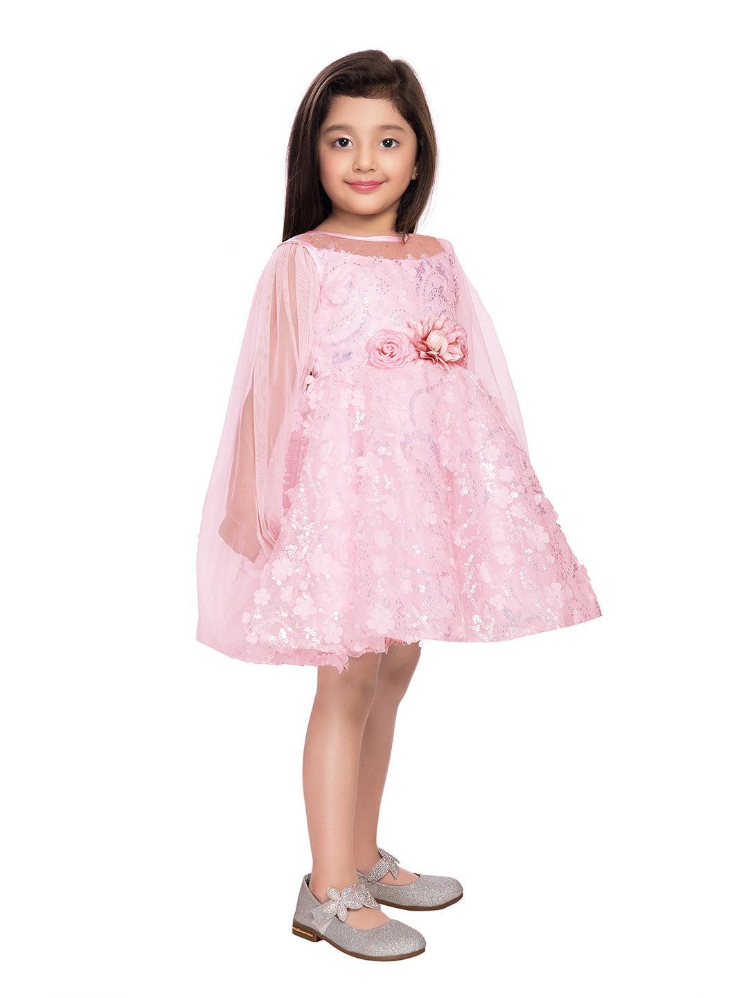 Pink Imported Net Double Sided Sleeve Pattern Party Wear Frock For Girls - Betty Ethnic India - Frock - Betty Girls Wear Online