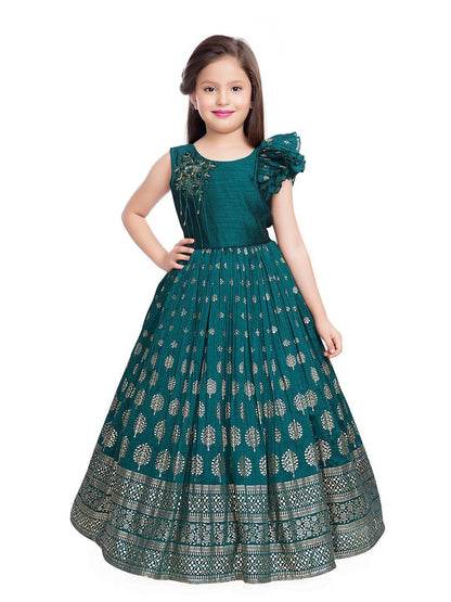Rama Green Coloured Ethnic Motifs One Sided Sleeve Pattern Gown For Girls - Betty Ethnic India - Gown - Betty Girls Wear Online