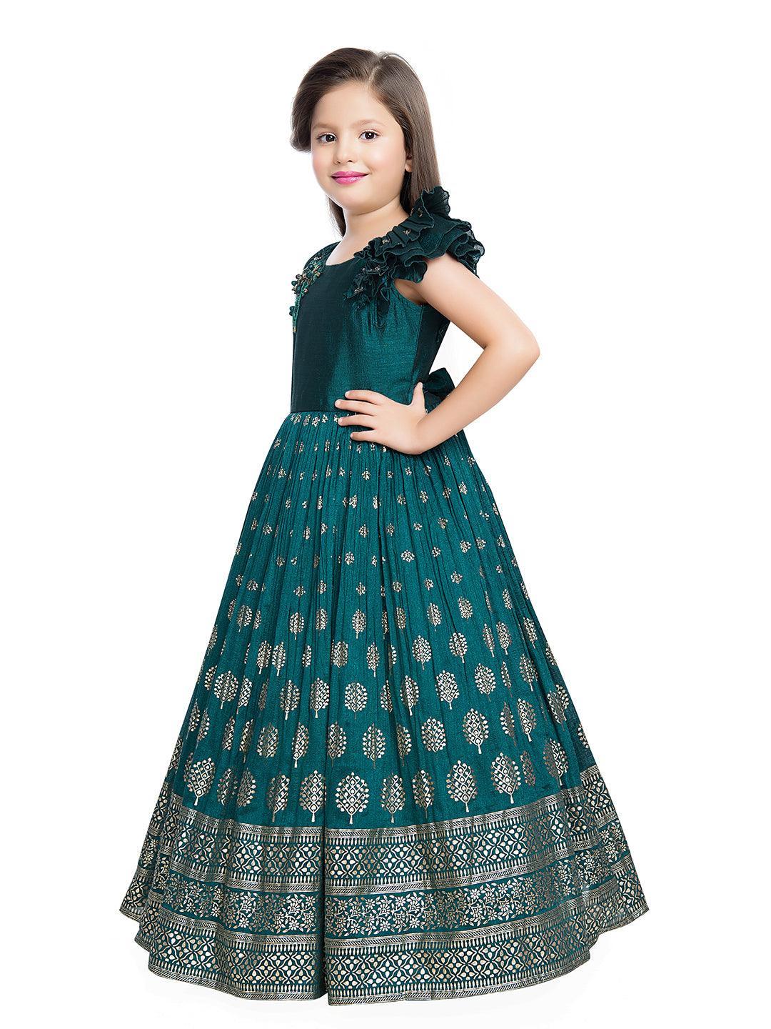 Rama Green Coloured Ethnic Motifs One Sided Sleeve Pattern Gown For Girls - Betty Ethnic India - Gown - Betty Girls Wear Online