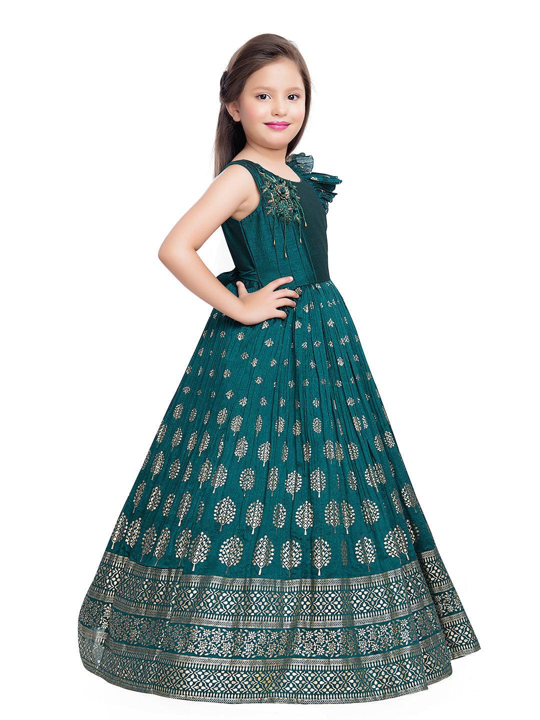 Rama Green Coloured Ethnic Motifs One Sided Sleeve Pattern Gown For Girls - Betty Ethnic India - Gown - Betty Girls Wear Online