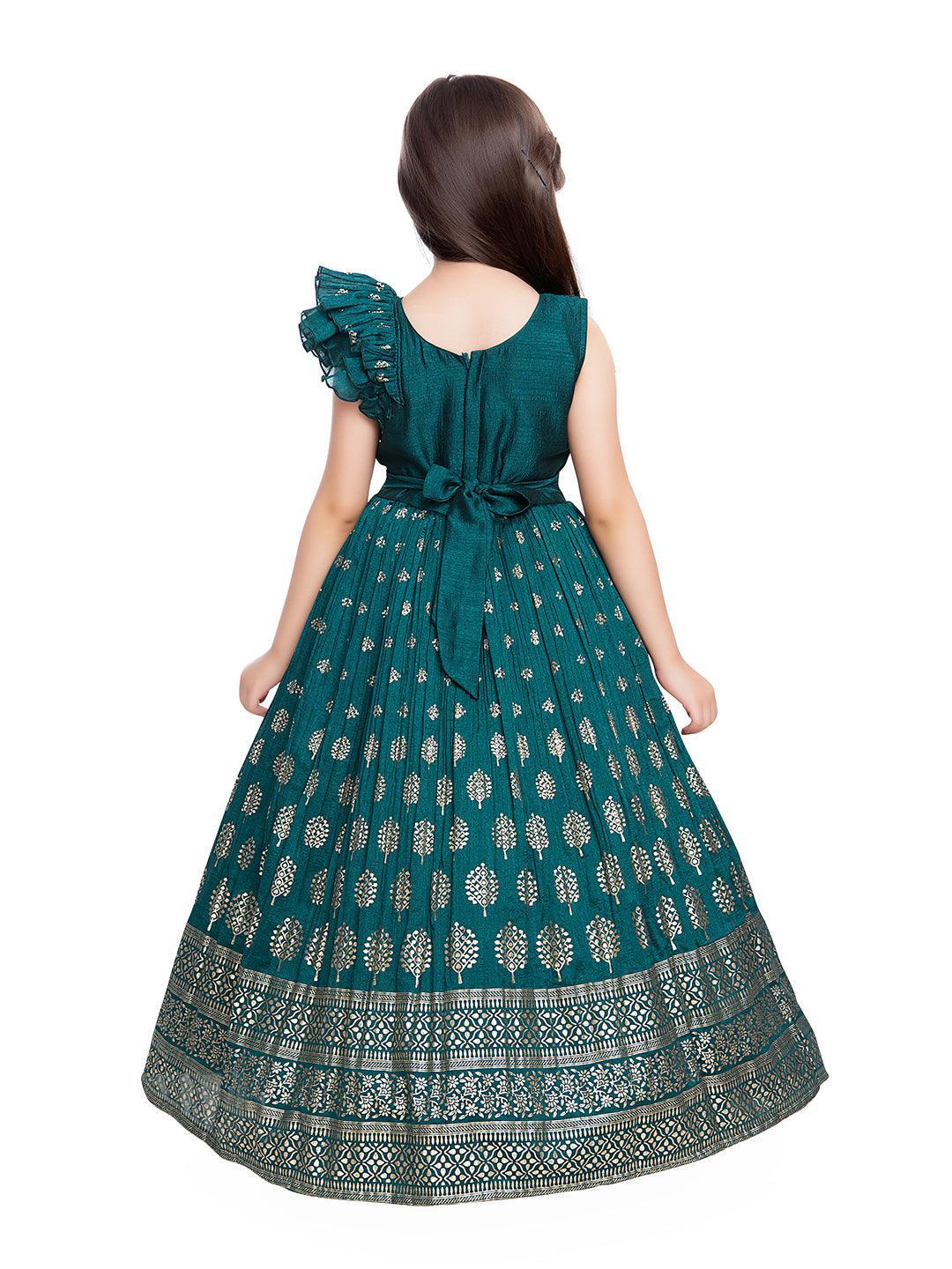 Rama Green Coloured Ethnic Motifs One Sided Sleeve Pattern Gown For Girls - Betty Ethnic India - Gown - Betty Girls Wear Online
