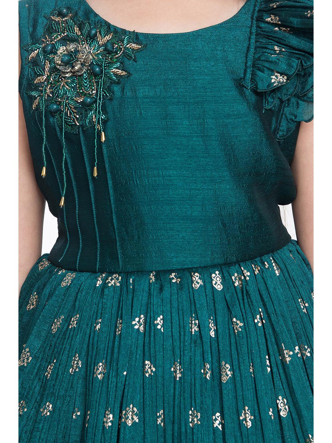 Rama Green Coloured Ethnic Motifs One Sided Sleeve Pattern Gown For Girls - Betty Ethnic India - Gown - Betty Girls Wear Online