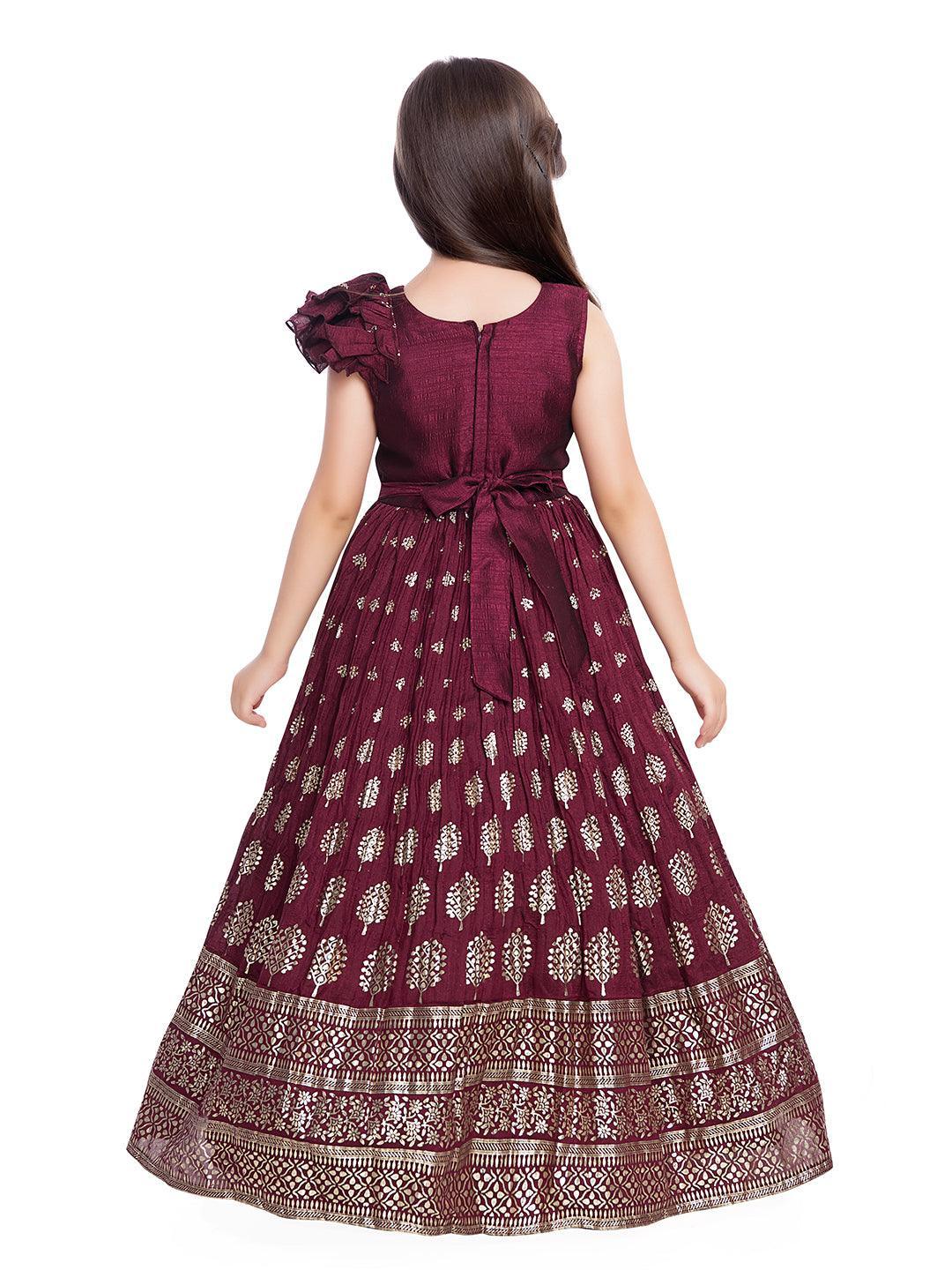 Rama Green Coloured Ethnic Motifs One Sided Sleeve Pattern Gown For Girls - Betty Ethnic India - Gown - Betty Girls Wear Online
