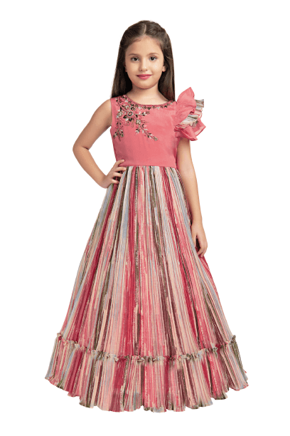 Peach Coloured Ruffle Style One Sided Sleeves Gown For Girls - Betty Ethnic India - Gown - Betty Girls Wear Online