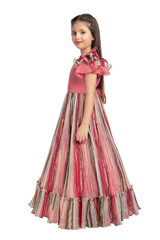 Peach Coloured Ruffle Style One Sided Sleeves Gown For Girls - Betty Ethnic India - Gown - Betty Girls Wear Online