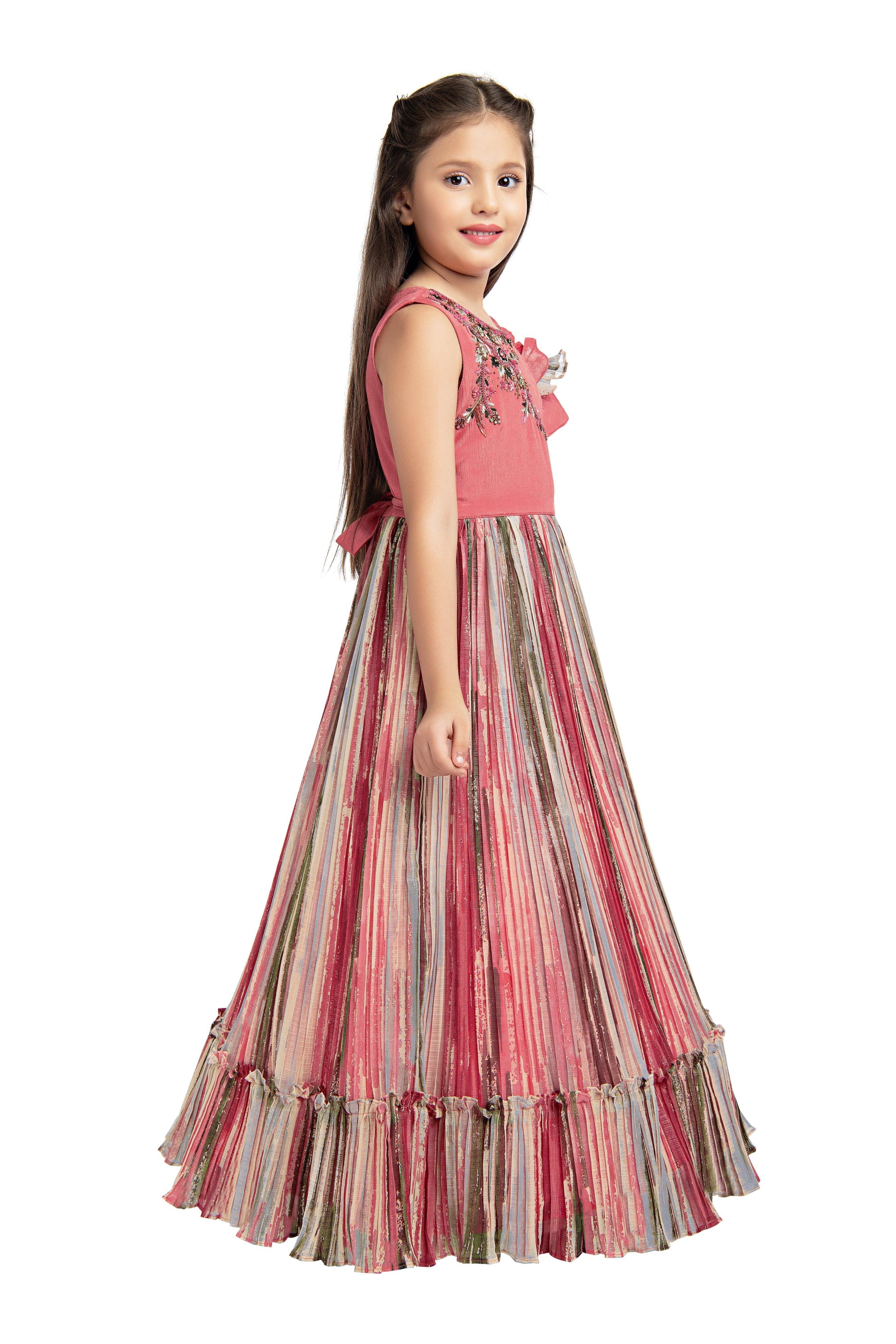 Peach Coloured Ruffle Style One Sided Sleeves Gown For Girls - Betty Ethnic India - Gown - Betty Girls Wear Online