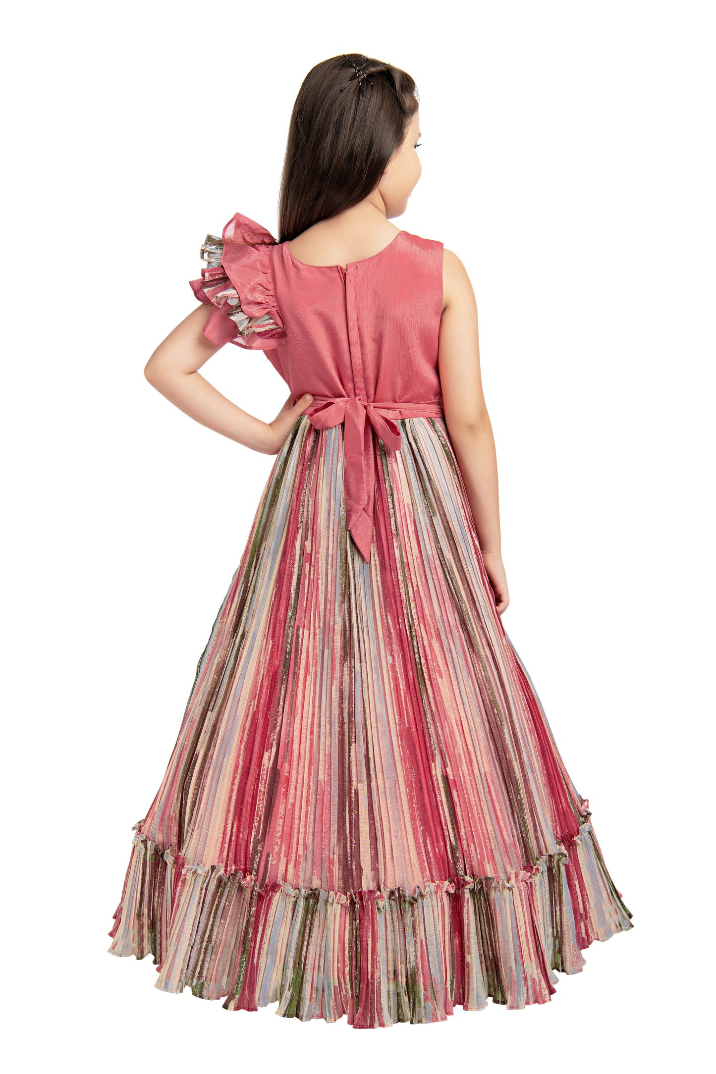 Peach Coloured Ruffle Style One Sided Sleeves Gown For Girls - Betty Ethnic India - Gown - Betty Girls Wear Online