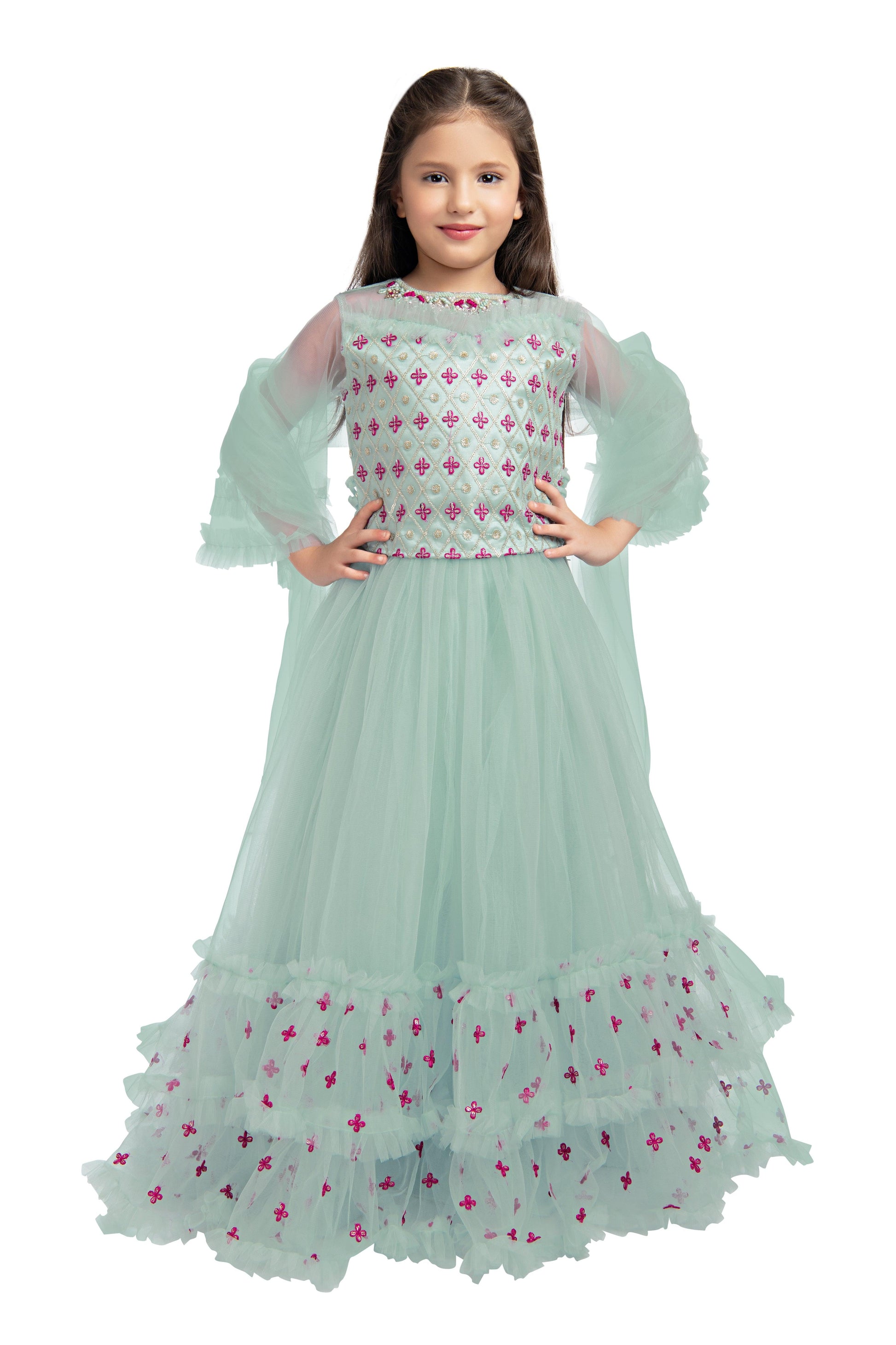 Blue & Pink Embroidered Ready to Wear Lehenga & Blouse With Dupatta for Girls - Betty Ethnic India - Saris & Lehengas - Betty Girls Wear Online