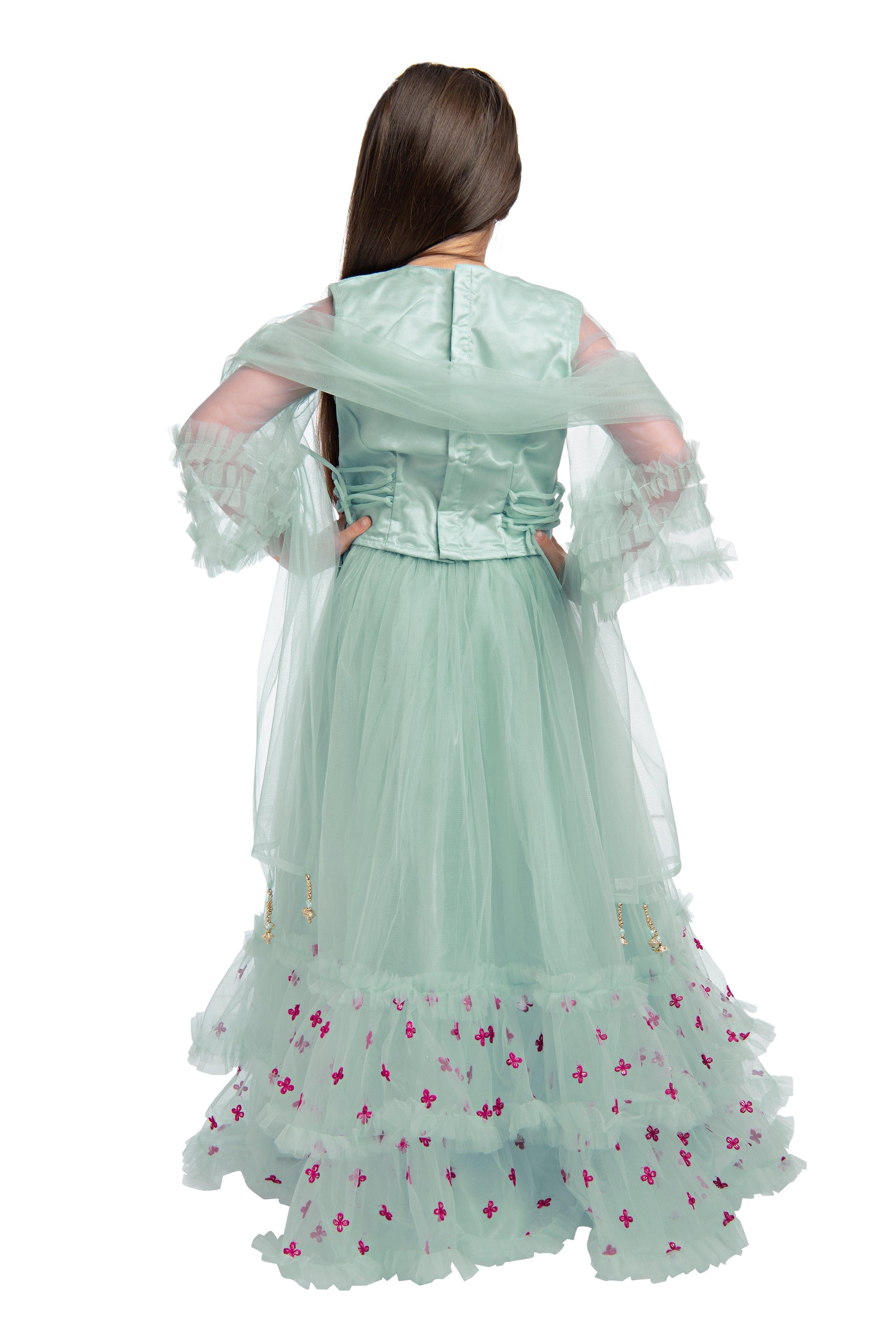 Blue & Pink Embroidered Ready to Wear Lehenga & Blouse With Dupatta for Girls - Betty Ethnic India - Saris & Lehengas - Betty Girls Wear Online