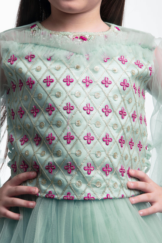 Blue & Pink Embroidered Ready to Wear Lehenga & Blouse With Dupatta for Girls - Betty Ethnic India - Saris & Lehengas - Betty Girls Wear Online