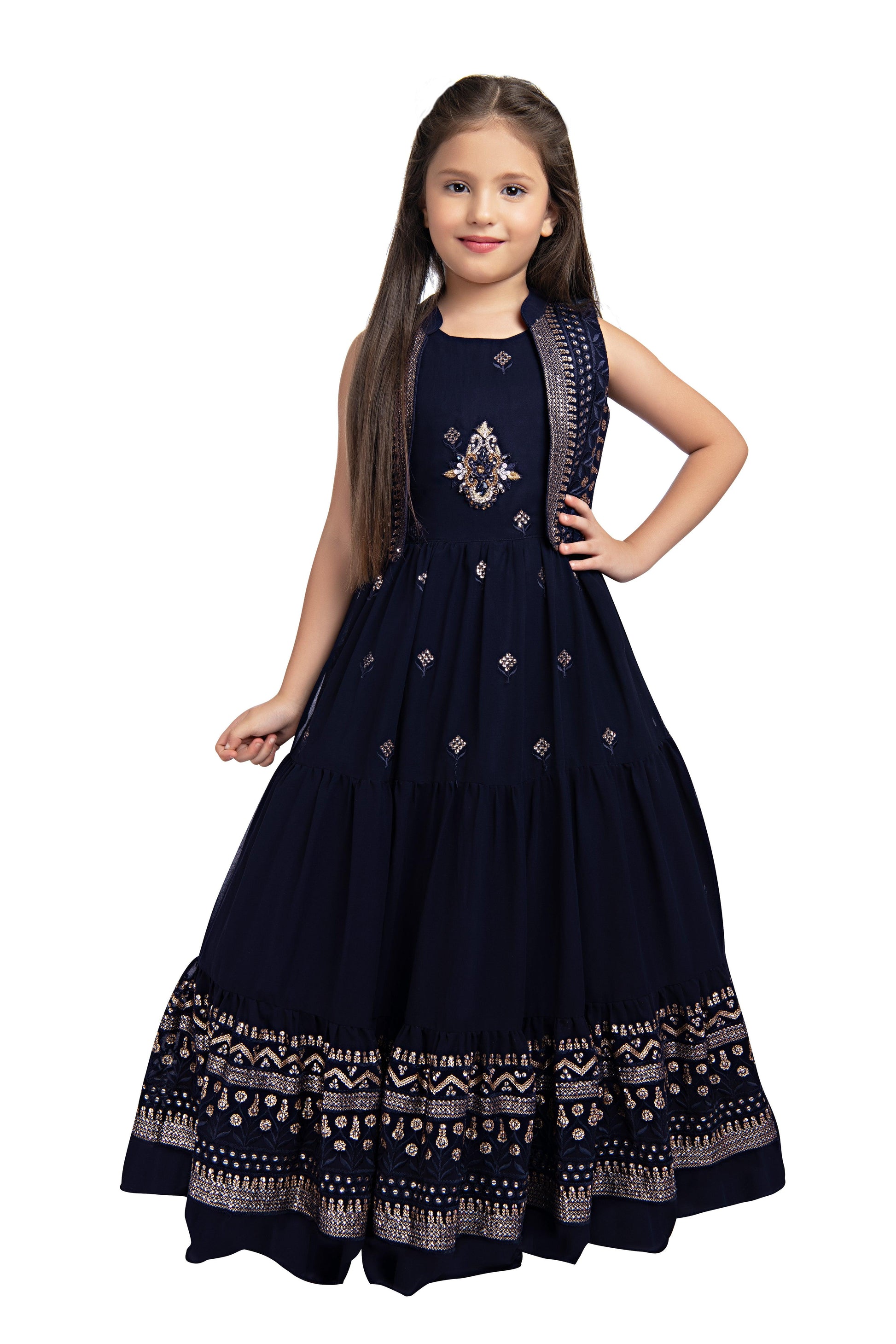 Navy Blue Coloured Gown With Jacket Heavy Embroidery Fabric For Girls - Betty Ethnic India - Gown - Betty Girls Wear Online