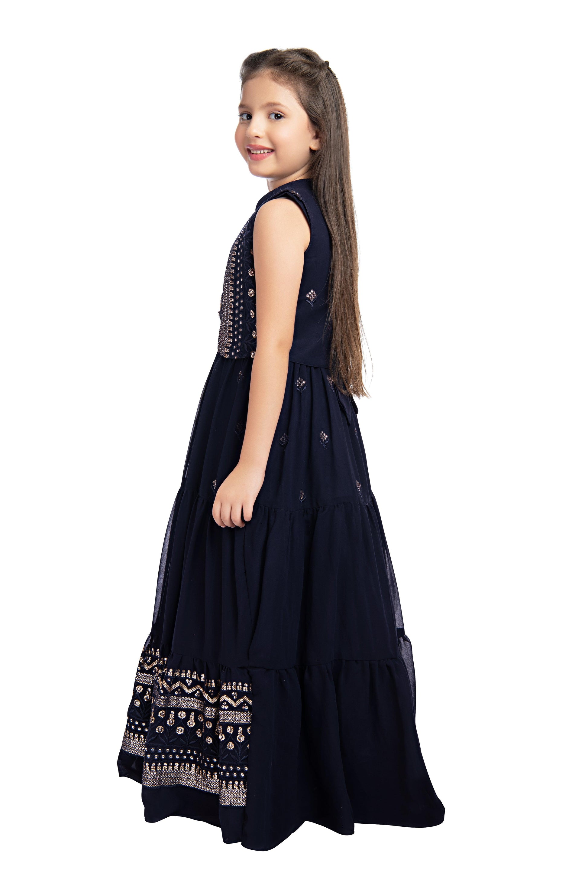 Navy Blue Coloured Gown With Jacket Heavy Embroidery Fabric For Girls - Betty Ethnic India - Gown - Betty Girls Wear Online