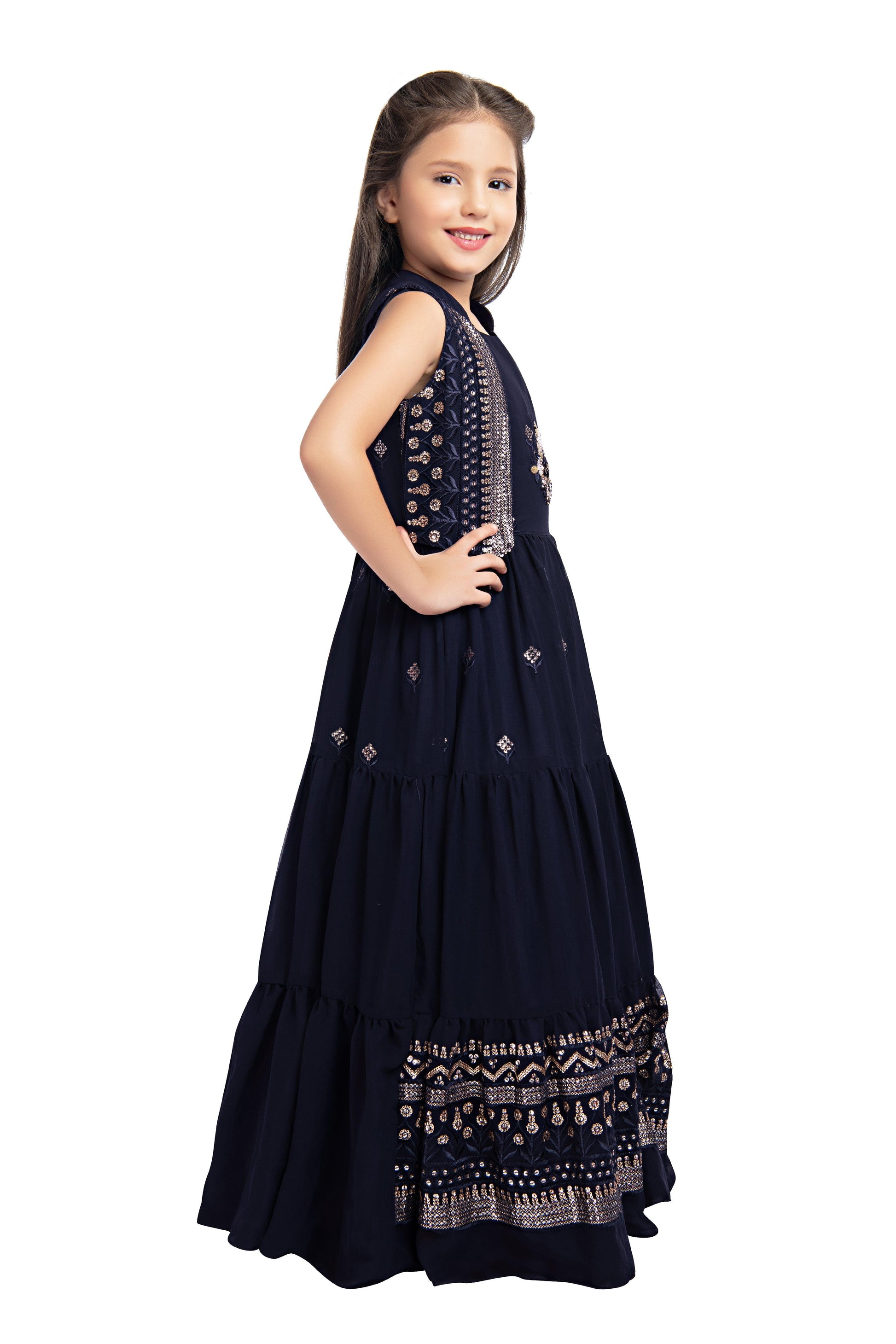 Navy Blue Coloured Gown With Jacket Heavy Embroidery Fabric For Girls - Betty Ethnic India - Gown - Betty Girls Wear Online