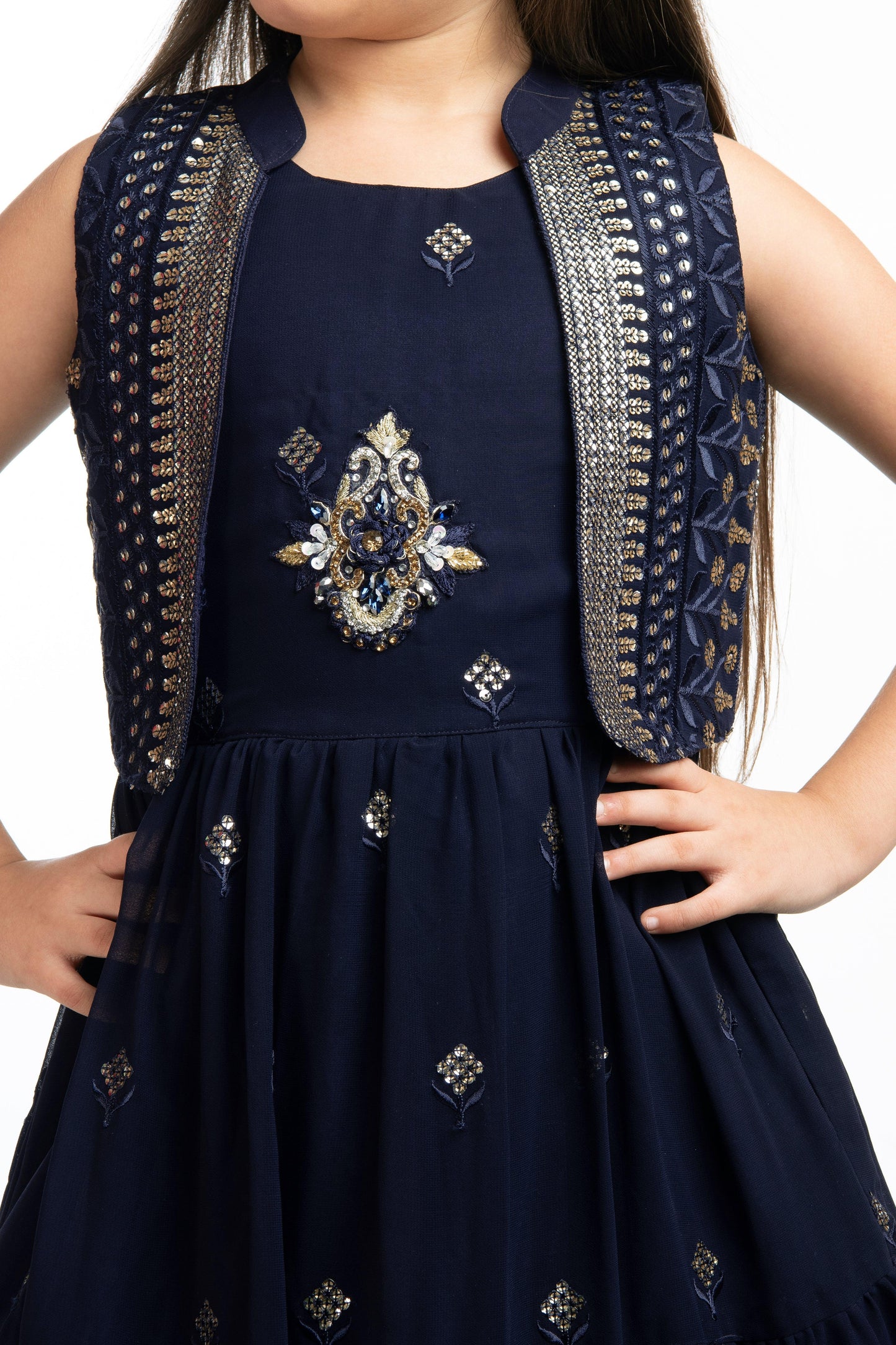 Navy Blue Coloured Gown With Jacket Heavy Embroidery Fabric For Girls - Betty Ethnic India - Gown - Betty Girls Wear Online