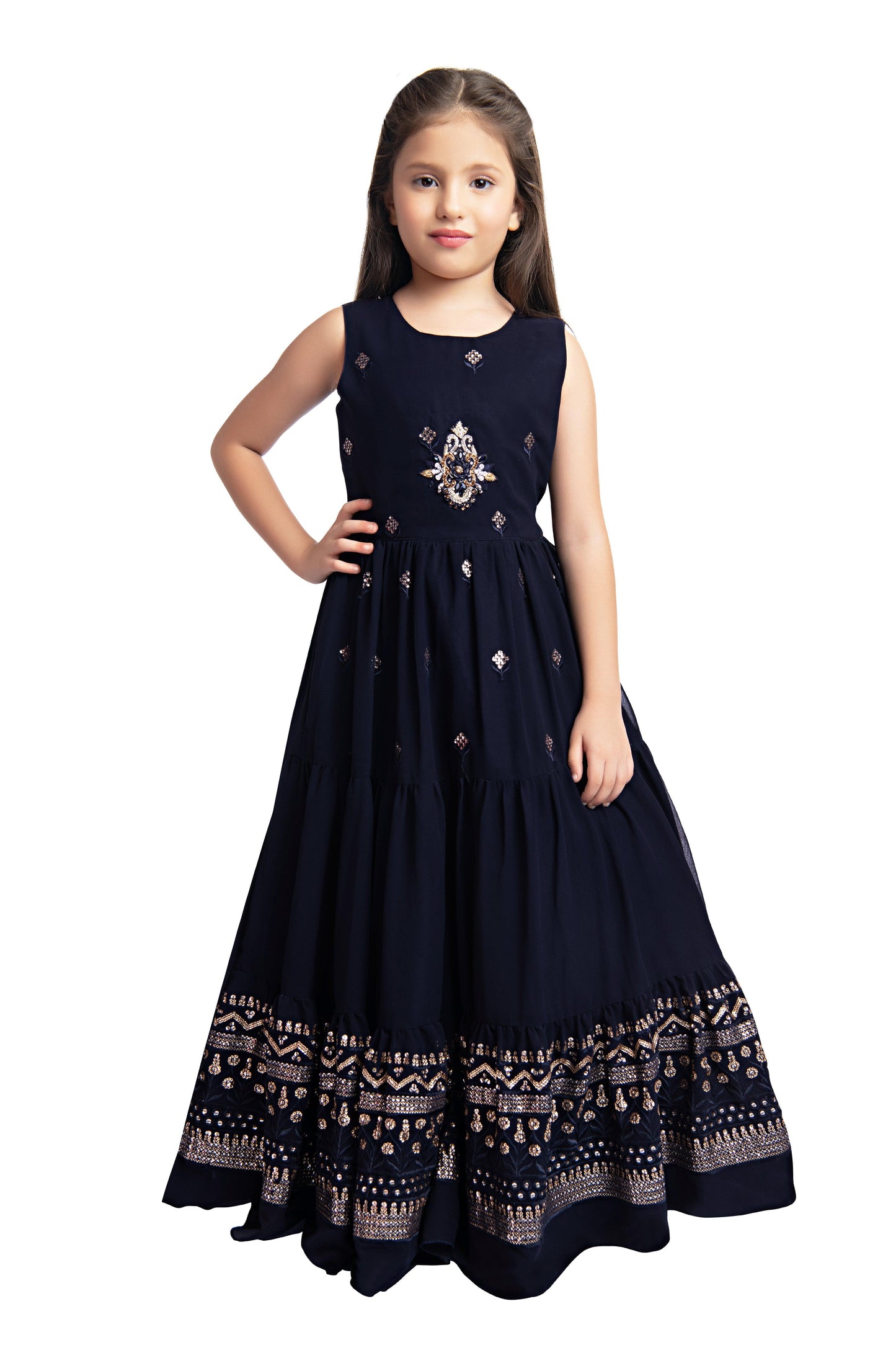 Navy Blue Coloured Gown With Jacket Heavy Embroidery Fabric For Girls - Betty Ethnic India - Gown - Betty Girls Wear Online