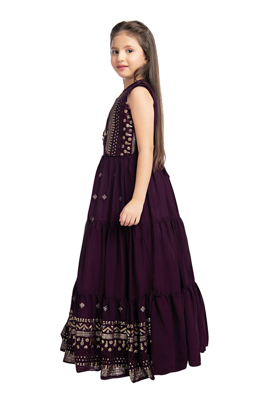 Wine Coloured Gown With Jacket Heavy Embroidery Fabric For Girls - Betty Ethnic India - Gown - Betty Girls Wear Online