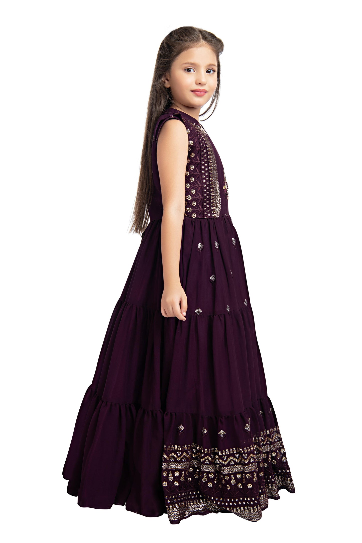 Wine Coloured Gown With Jacket Heavy Embroidery Fabric For Girls - Betty Ethnic India - Gown - Betty Girls Wear Online