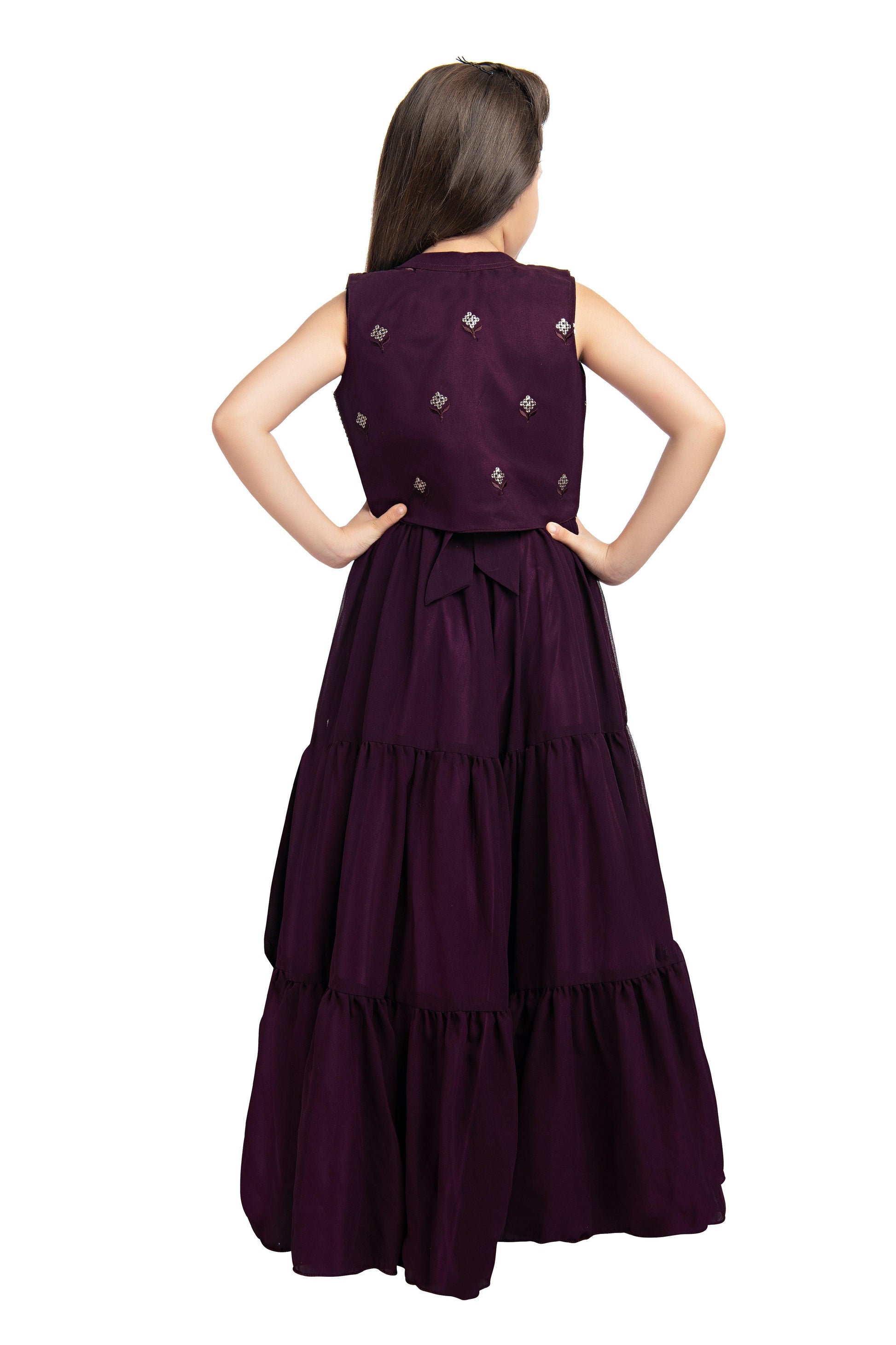 Wine Coloured Gown With Jacket Heavy Embroidery Fabric For Girls - Betty Ethnic India - Gown - Betty Girls Wear Online