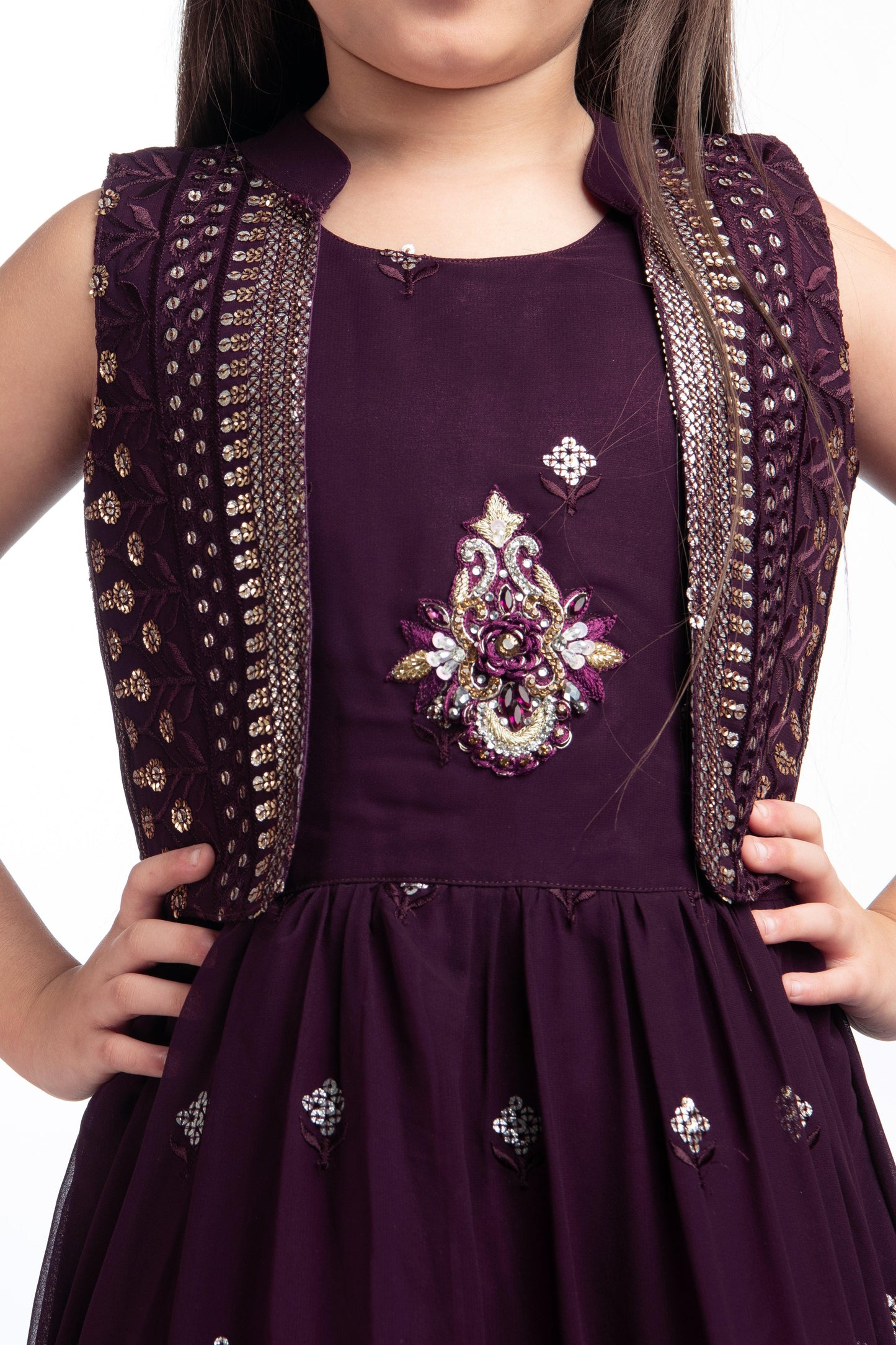 Wine Coloured Gown With Jacket Heavy Embroidery Fabric For Girls - Betty Ethnic India - Gown - Betty Girls Wear Online
