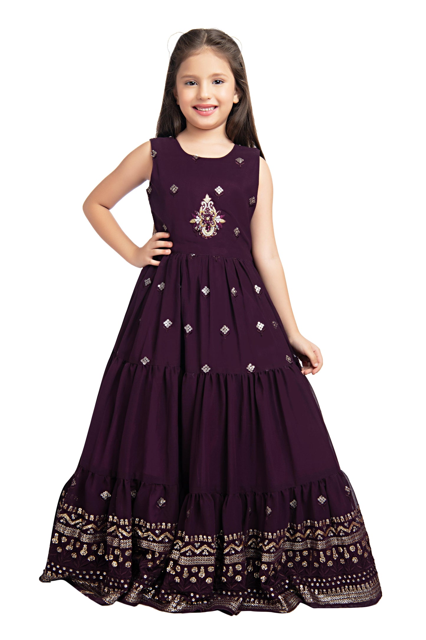 Wine Coloured Gown With Jacket Heavy Embroidery Fabric For Girls - Betty Ethnic India - Gown - Betty Girls Wear Online