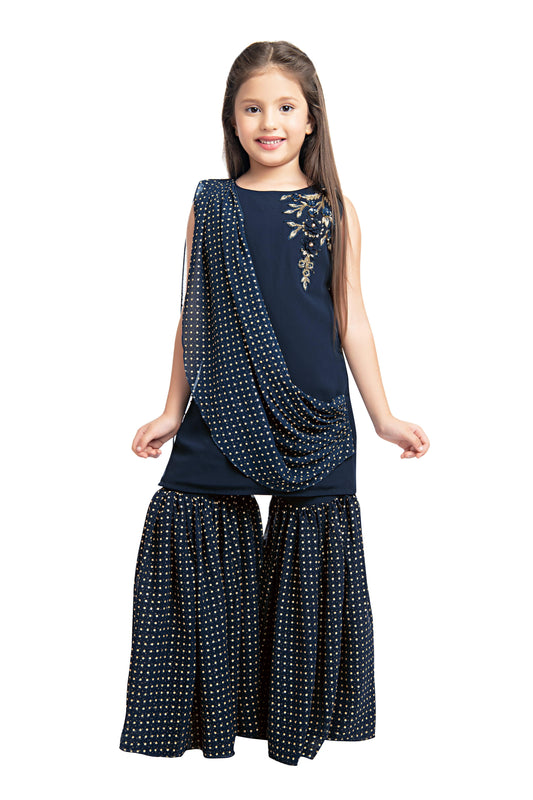 Teal Blue Embellished Kurta & Shrara Set For Girls - Betty Ethnic India - Gharara / Sharara Set - Betty Girls Wear Online