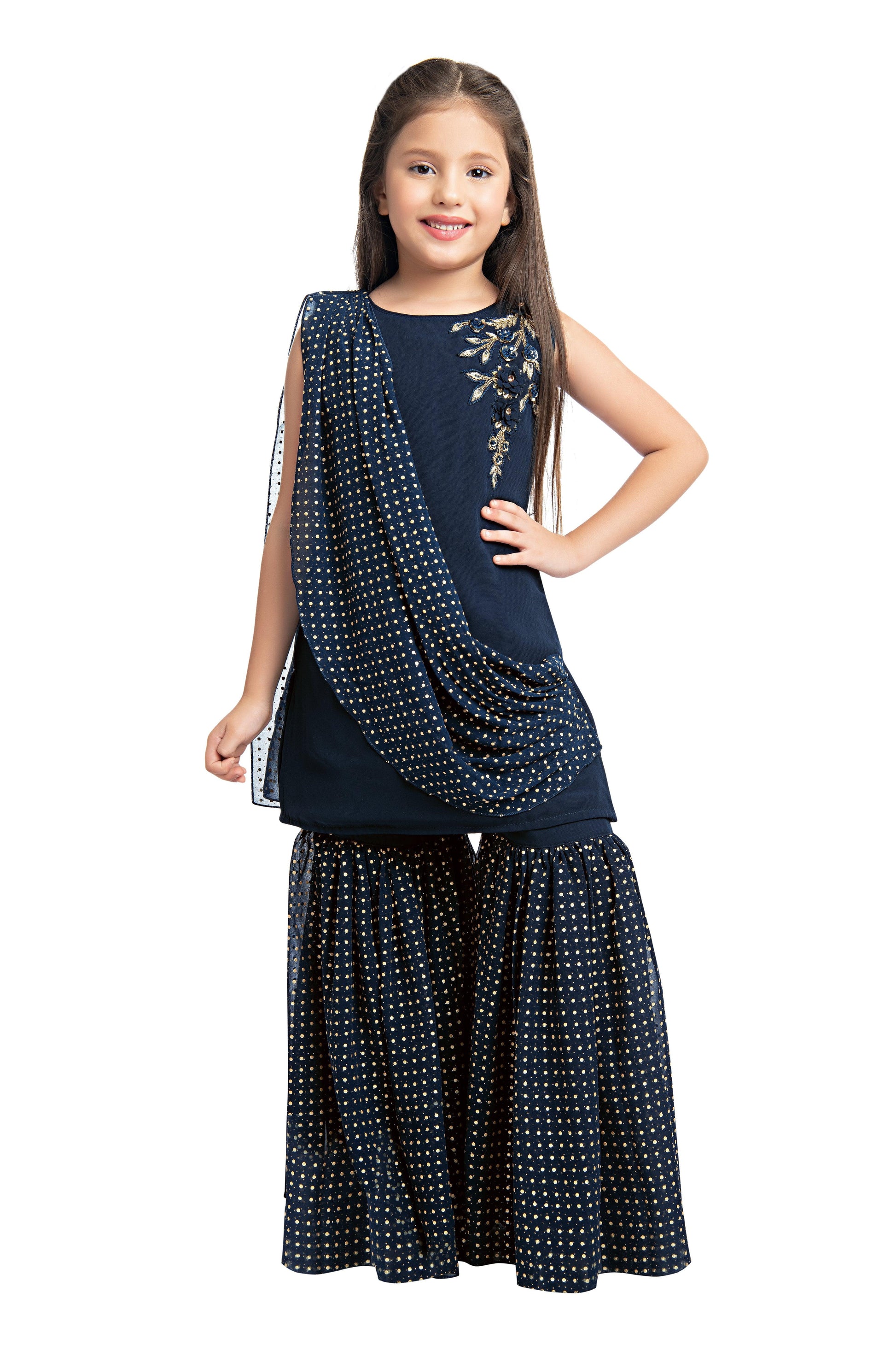 Teal Blue Embellished Kurta & Shrara Set For Girls - Betty Ethnic India - Gharara / Sharara Set - Betty Girls Wear Online