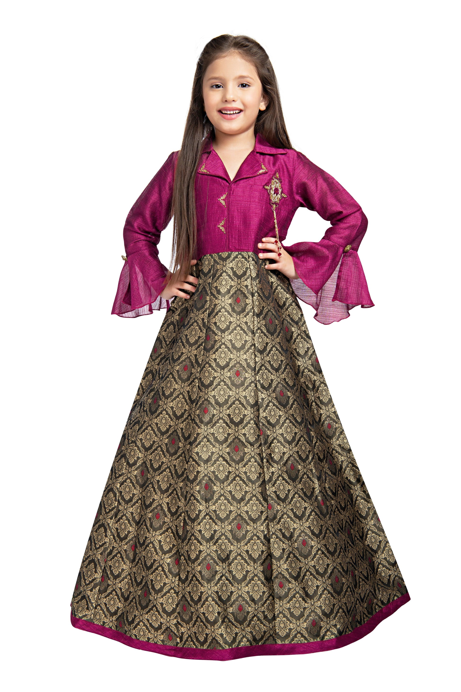 Burgundy & Brown Coloured Shirt Collar Styled Gown For Girls - Betty Ethnic India - Gown - Betty Girls Wear Online