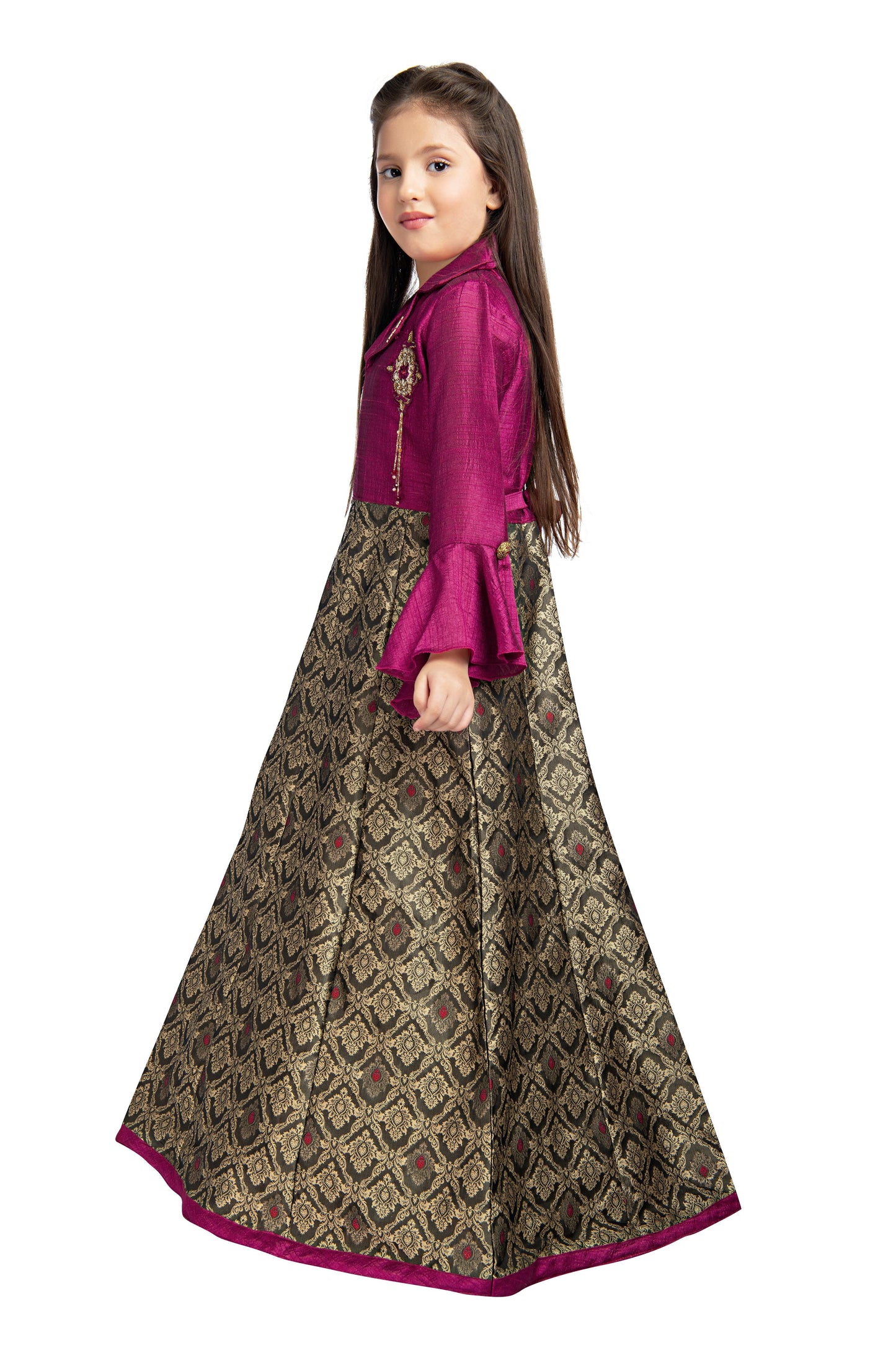 Burgundy & Brown Coloured Shirt Collar Styled Gown For Girls - Betty Ethnic India - Gown - Betty Girls Wear Online