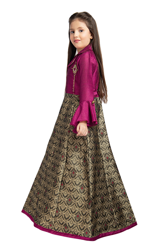 Burgundy & Brown Coloured Shirt Collar Styled Gown For Girls - Betty Ethnic India - Gown - Betty Girls Wear Online