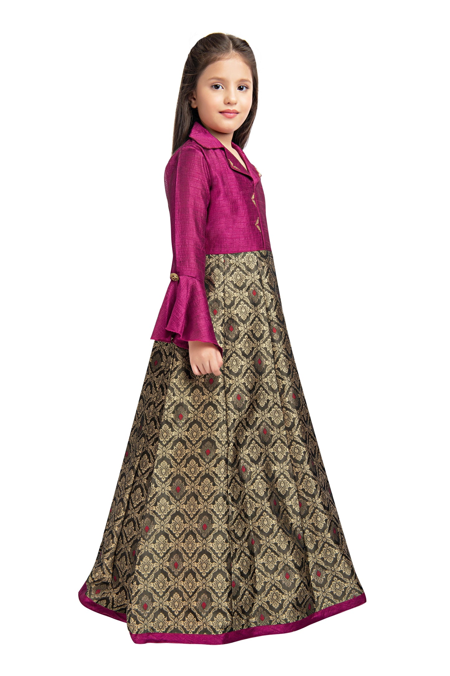 Burgundy & Brown Coloured Shirt Collar Styled Gown For Girls - Betty Ethnic India - Gown - Betty Girls Wear Online