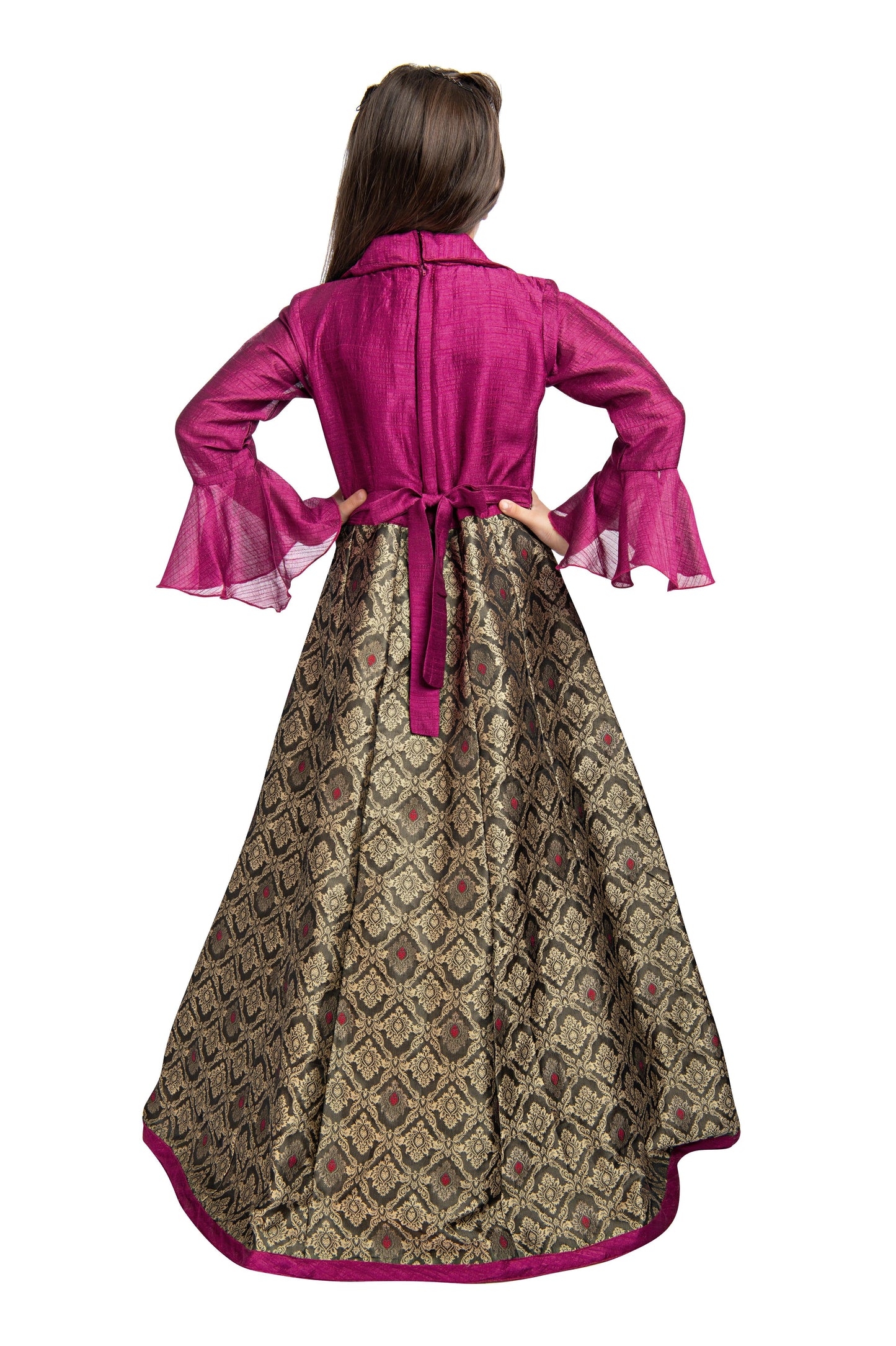 Burgundy & Brown Coloured Shirt Collar Styled Gown For Girls - Betty Ethnic India - Gown - Betty Girls Wear Online