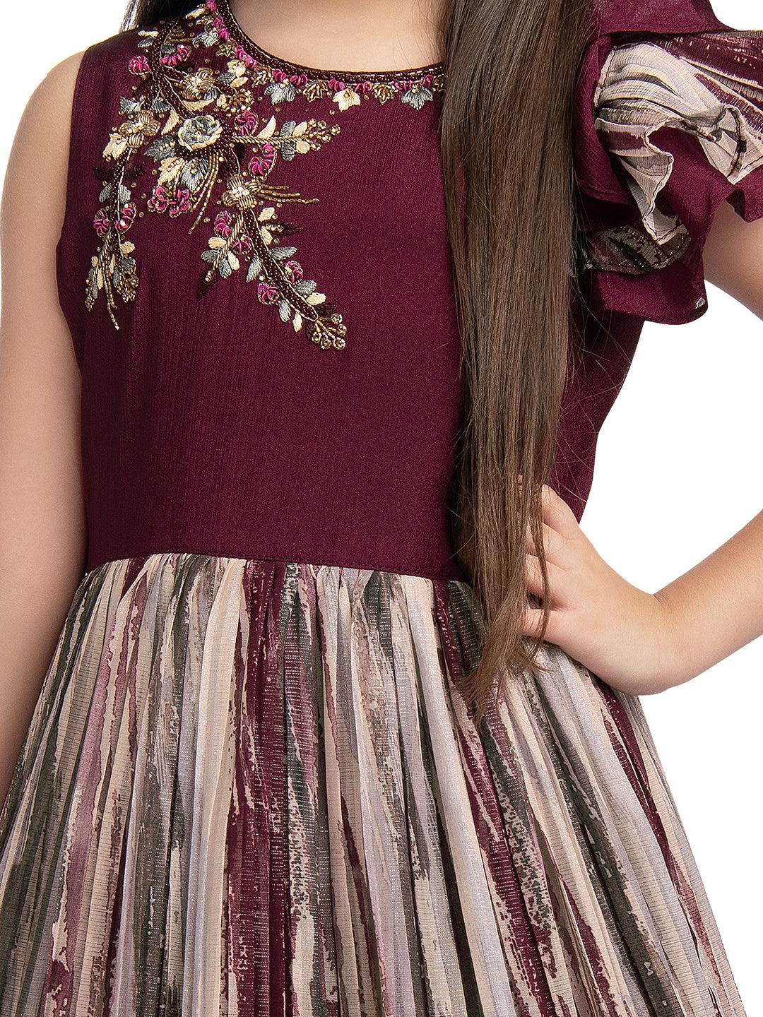 Burgundy Coloured Ruffle Style One Sided Sleeves Gown For Girls - Betty Ethnic India - Gown - Betty Girls Wear Online