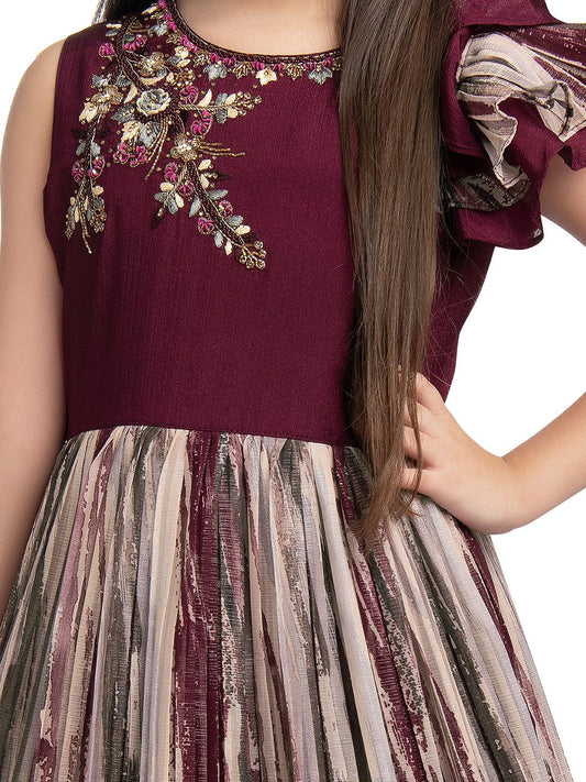 Burgundy Coloured Ruffle Style One Sided Sleeves Gown For Girls - Betty Ethnic India - Gown - Betty Girls Wear Online