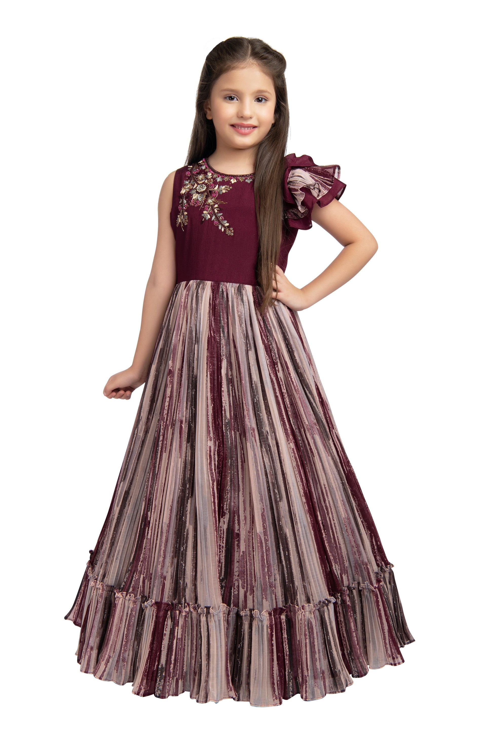 Burgundy Coloured Ruffle Style One Sided Sleeves Gown For Girls - Betty Ethnic India - Gown - Betty Girls Wear Online